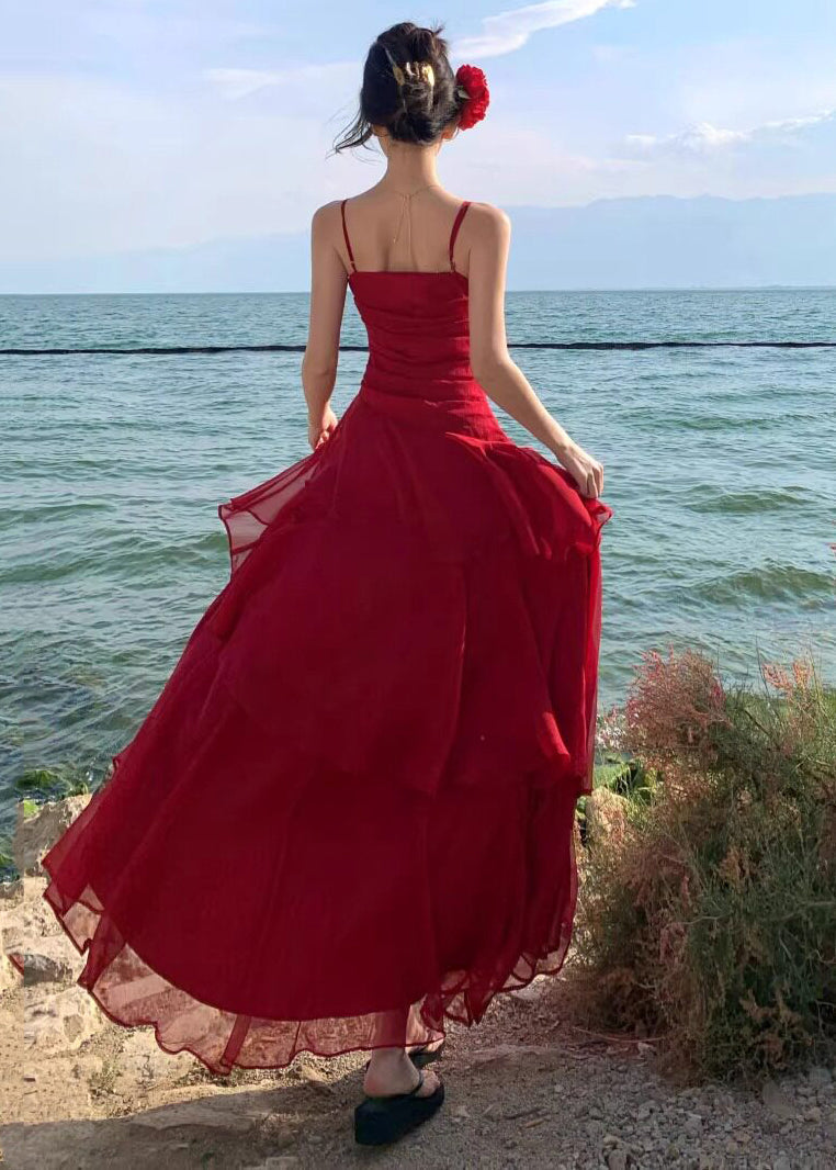Stylish Red Exra Large Hem Chiffon Spaghetti Strap Dress Summer 5