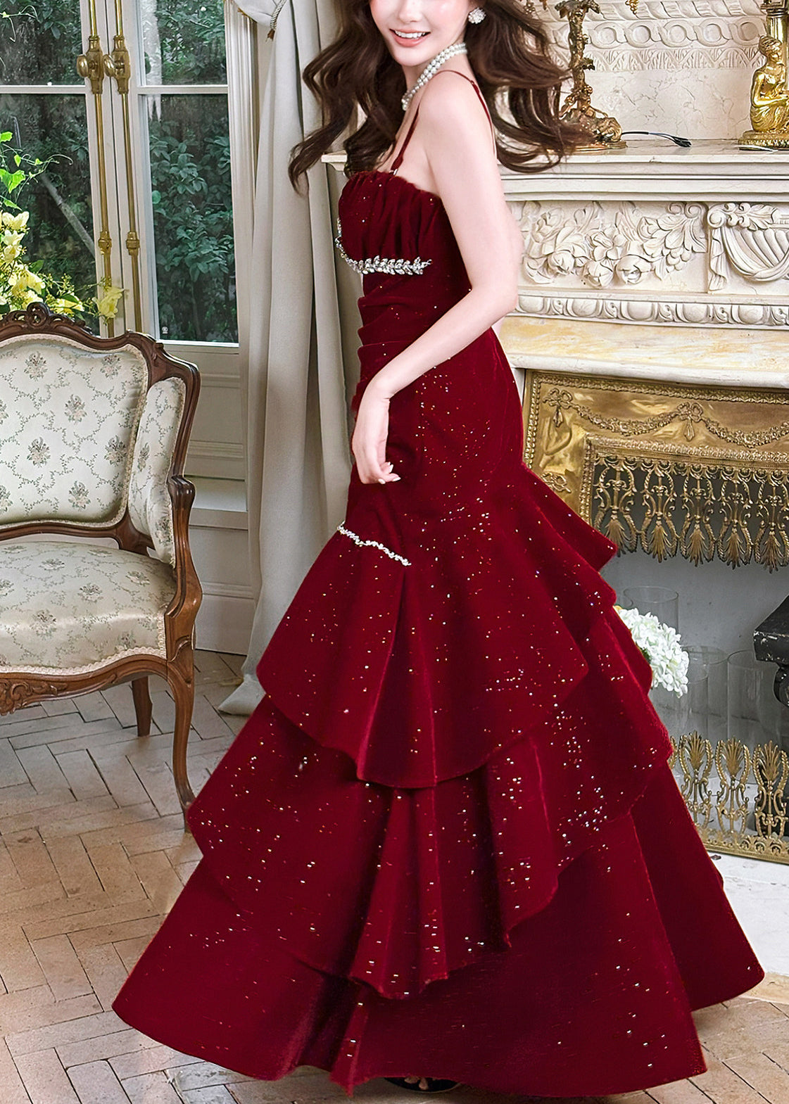 Stylish Red Zircon Ruffled Silk Velvet Maxi Spaghetti Strapi Dresses Summer