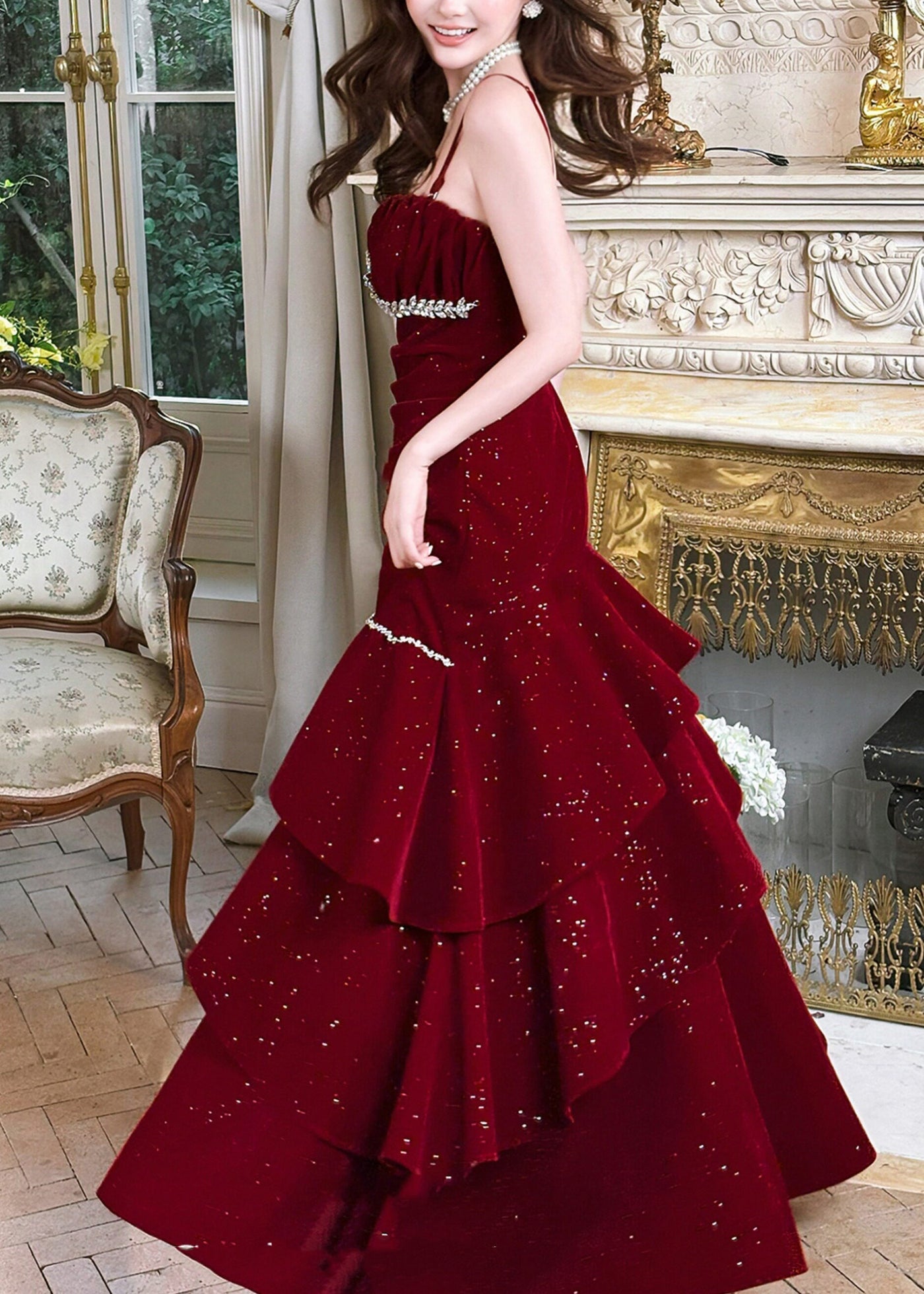 Stylish Red Zircon Ruffled Silk Velvet Maxi Spaghetti Strapi Dresses Summer 5