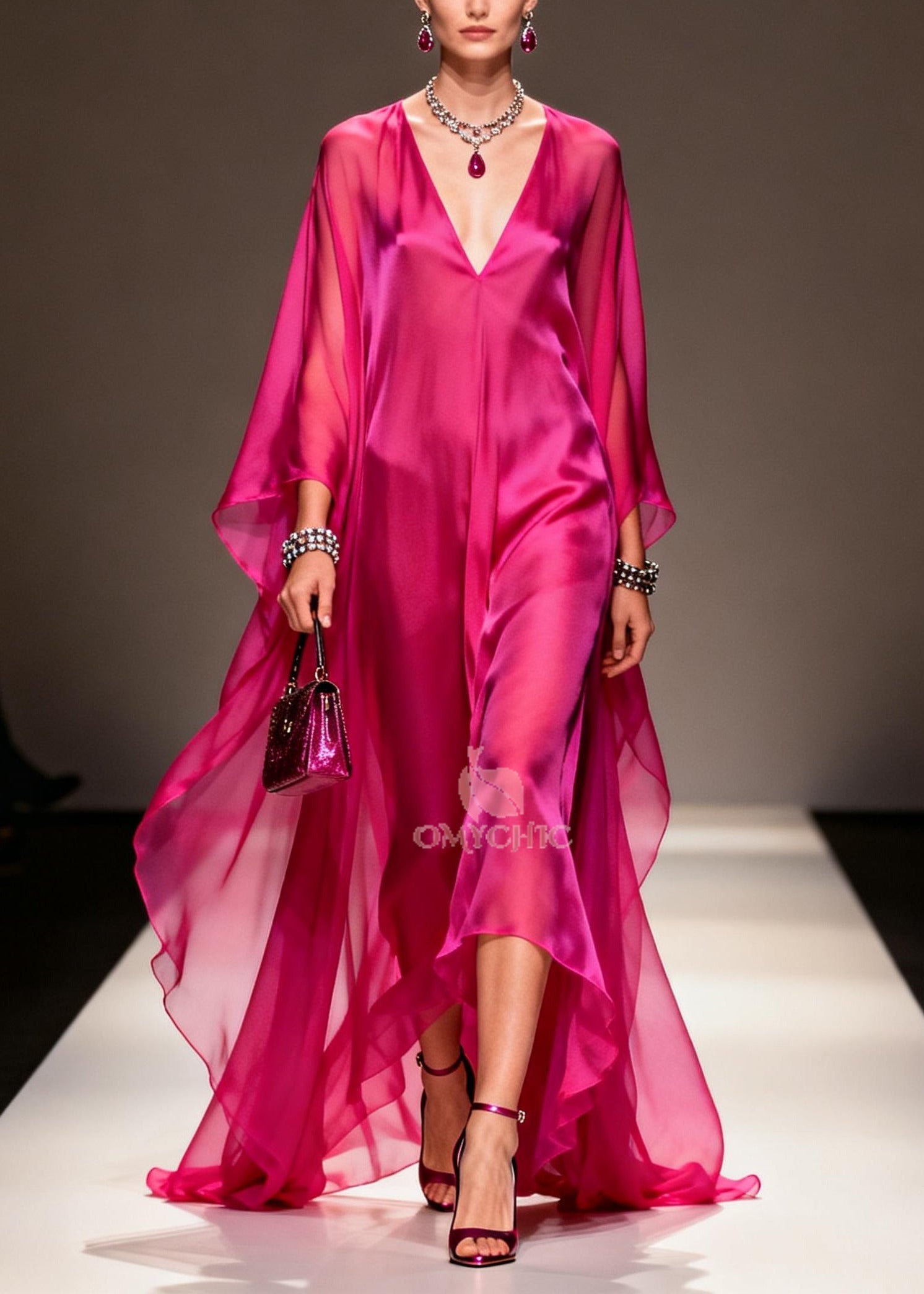Deep V-Neck Batwing Sleeve High Low Oversized Chiffon Maxi Dress