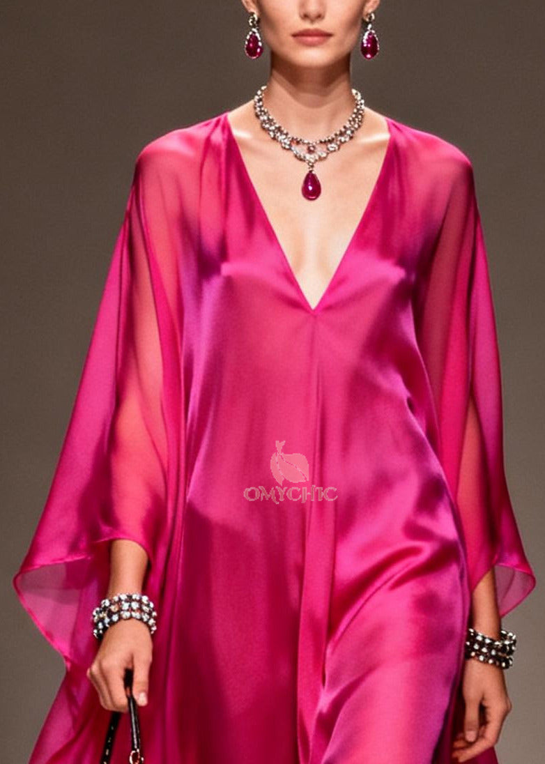 Deep V-Neck Batwing Sleeve High Low Oversized Chiffon Maxi Dress