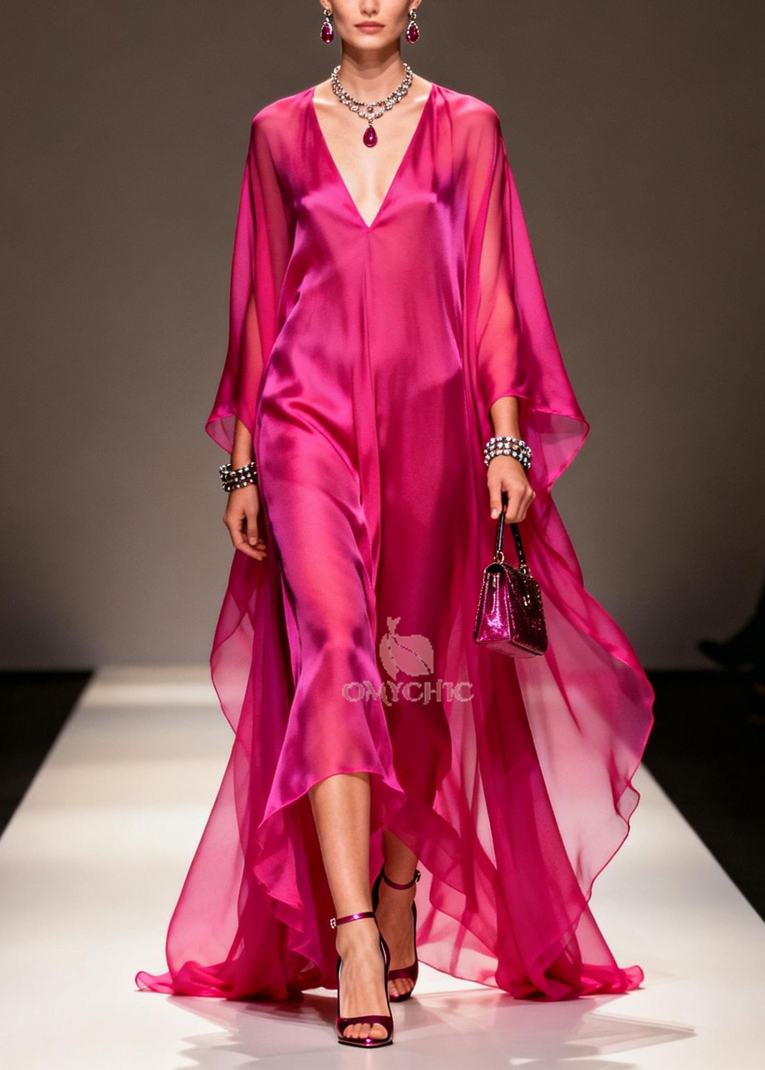 Deep V-Neck Batwing Sleeve High Low Oversized Chiffon Maxi Dress