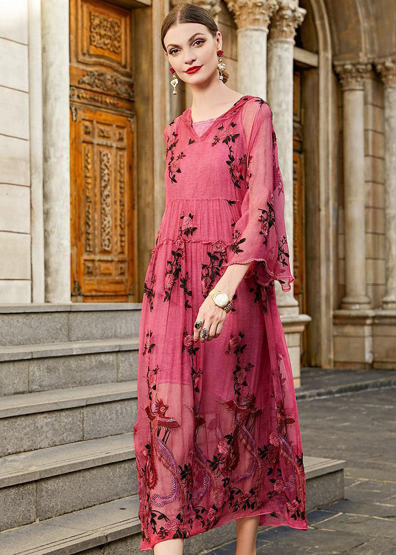 Embroidered Phoenix Floral Hooded V-Neck Bell Sleeve Maxi Dress