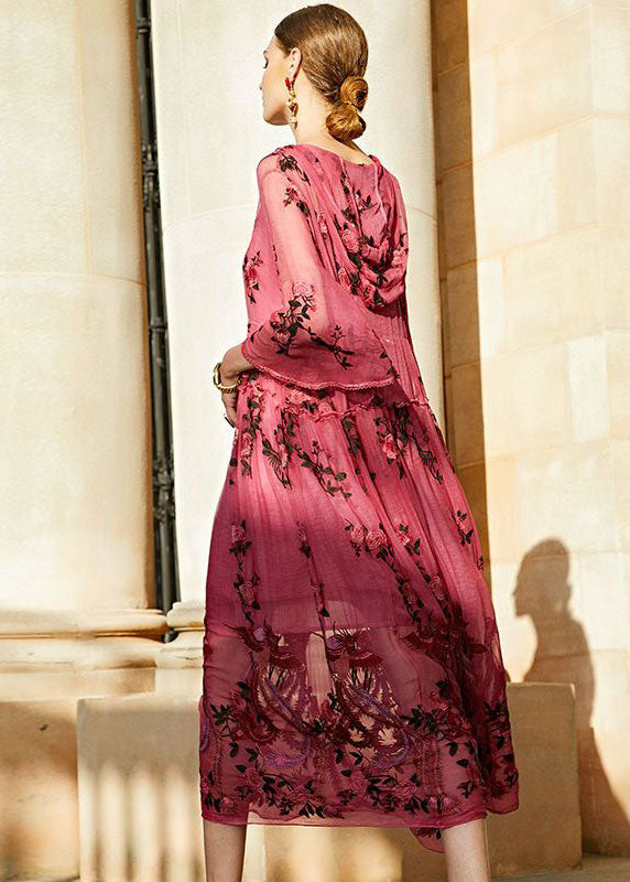 Embroidered Phoenix Floral Hooded V-Neck Bell Sleeve Maxi Dress