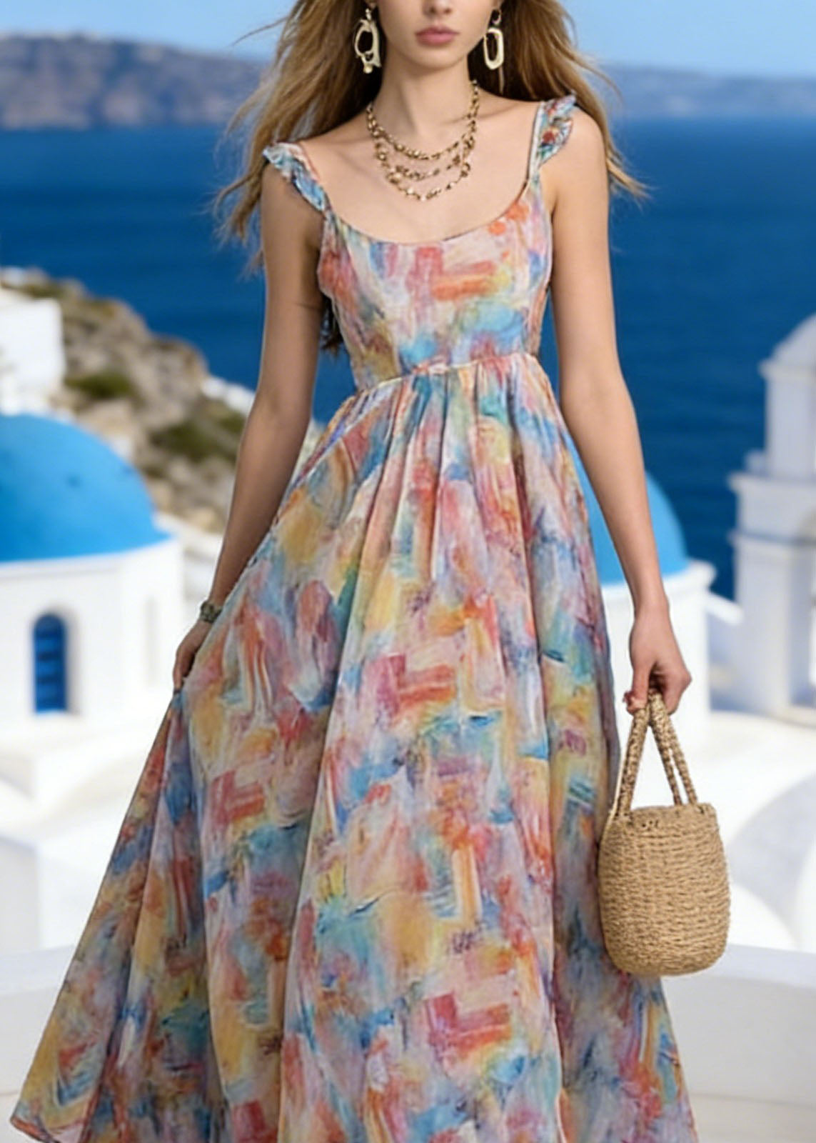 Stylish Ruffled Print Patchwork Chiffon Summer Dress 3