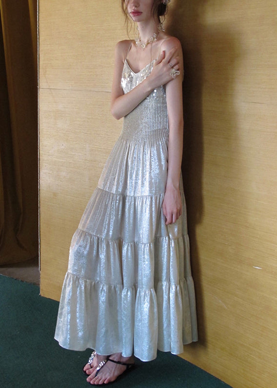 Sequin Spaghetti Strap V-Neck Smocked Waist Tiered Chiffon Maxi Dress