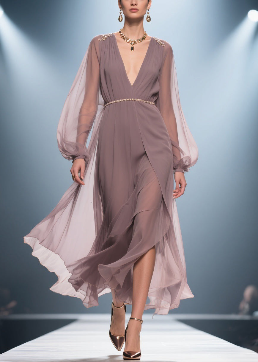 Chiffon Deep V-Neck Bishop Sleeve Gold Beaded Belt Maxi Gown