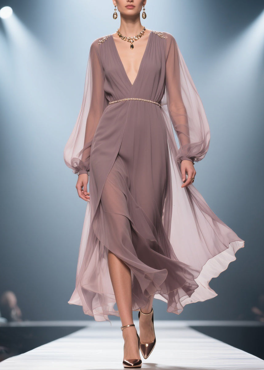 Chiffon Deep V-Neck Bishop Sleeve Gold Beaded Belt Maxi Gown - View 3