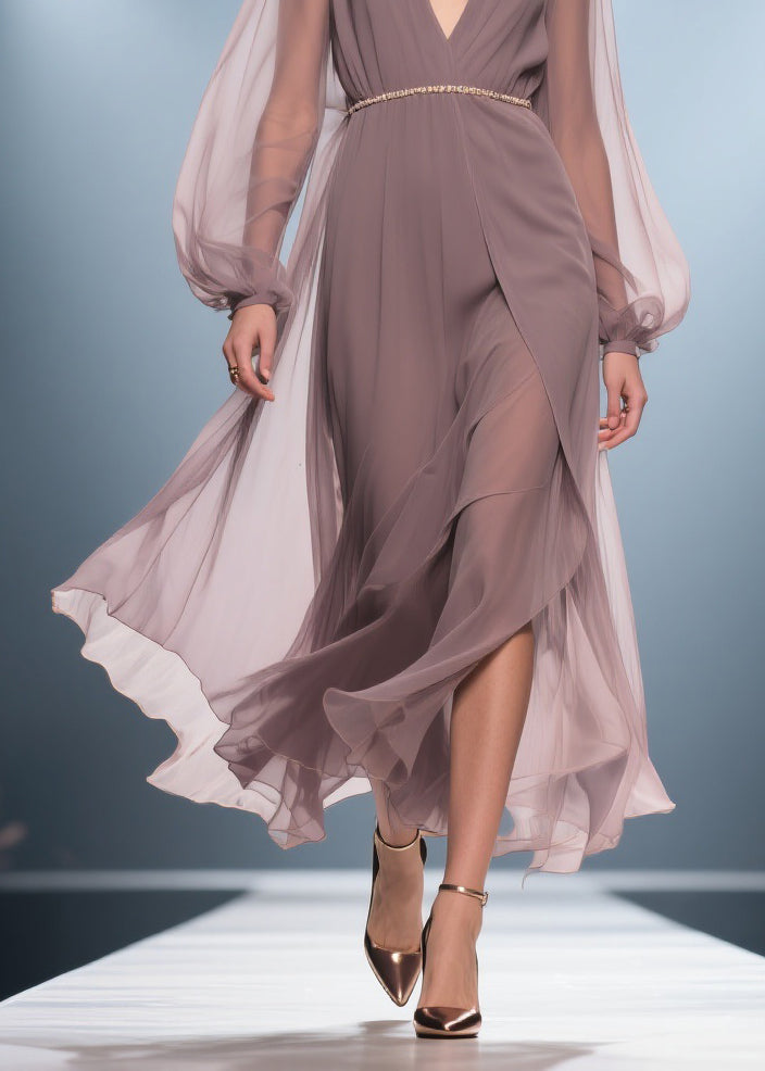 Chiffon Deep V-Neck Bishop Sleeve Gold Beaded Belt Layered High Split Maxi Gown