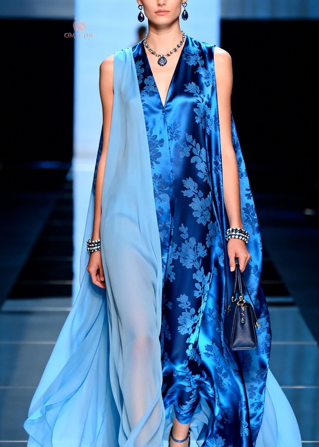 Chiffon Jacquard Floral Panel Deep V-Neck Sheer Cape Drape Asymmetric Maxi Gown