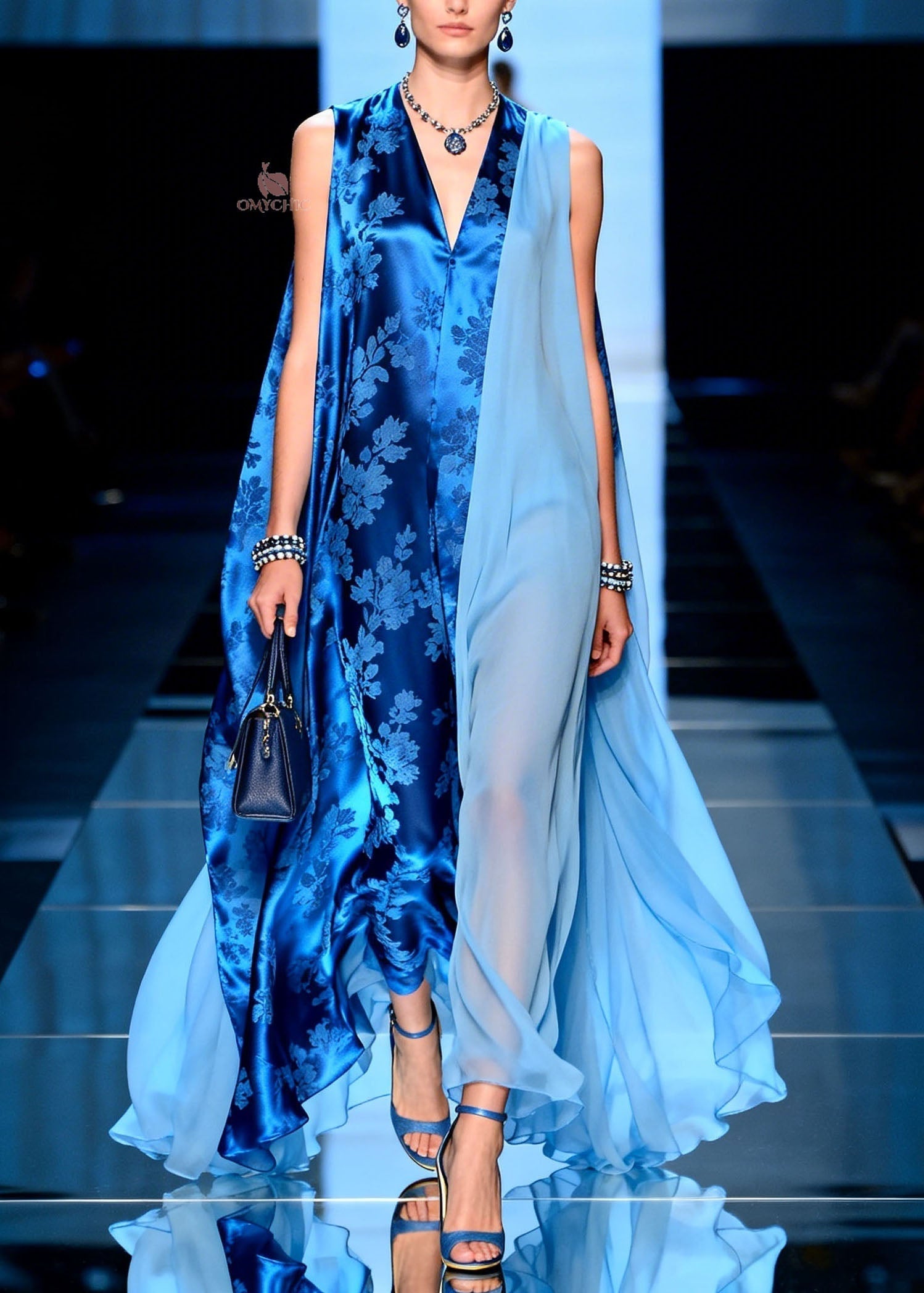 Chiffon Jacquard Floral Panel Deep V-Neck Sheer Cape Drape Asymmetric Maxi Gown