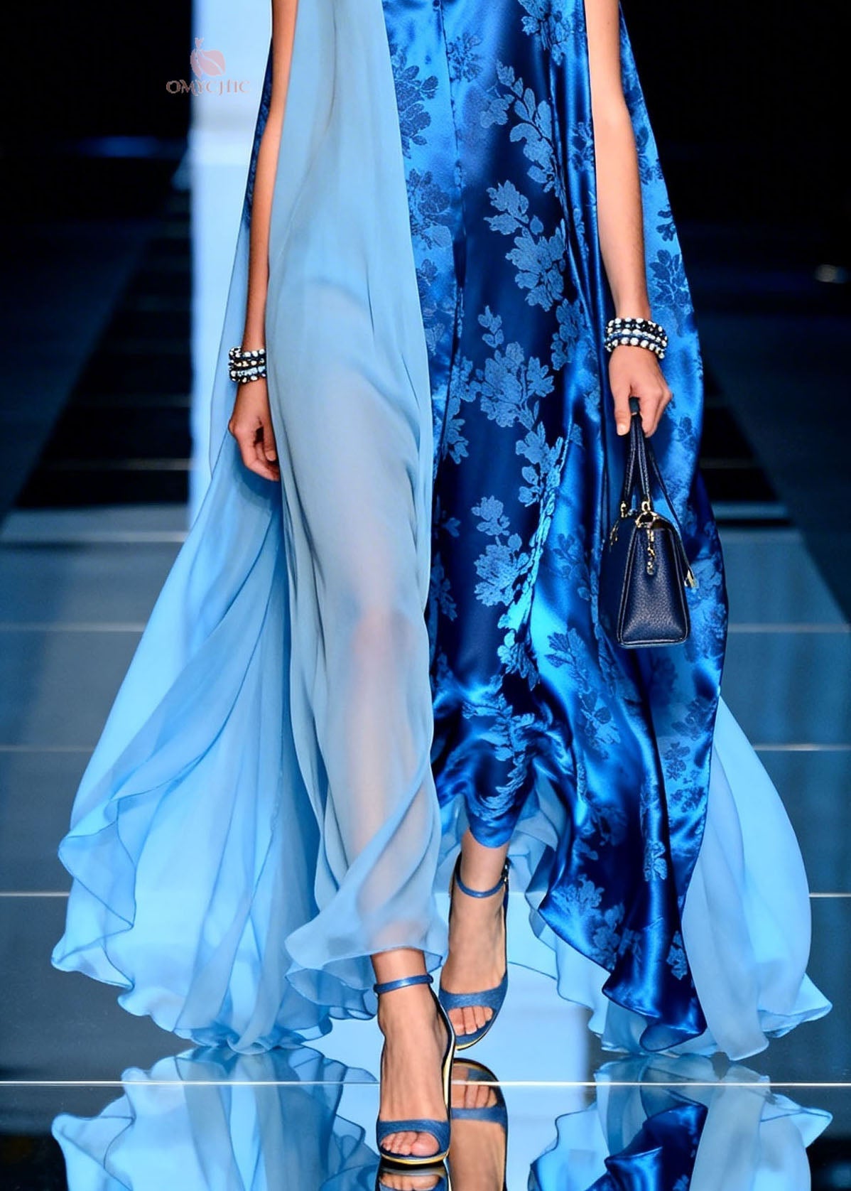 Chiffon Jacquard Floral Panel Deep V-Neck Sheer Cape Drape Asymmetric Maxi Gown