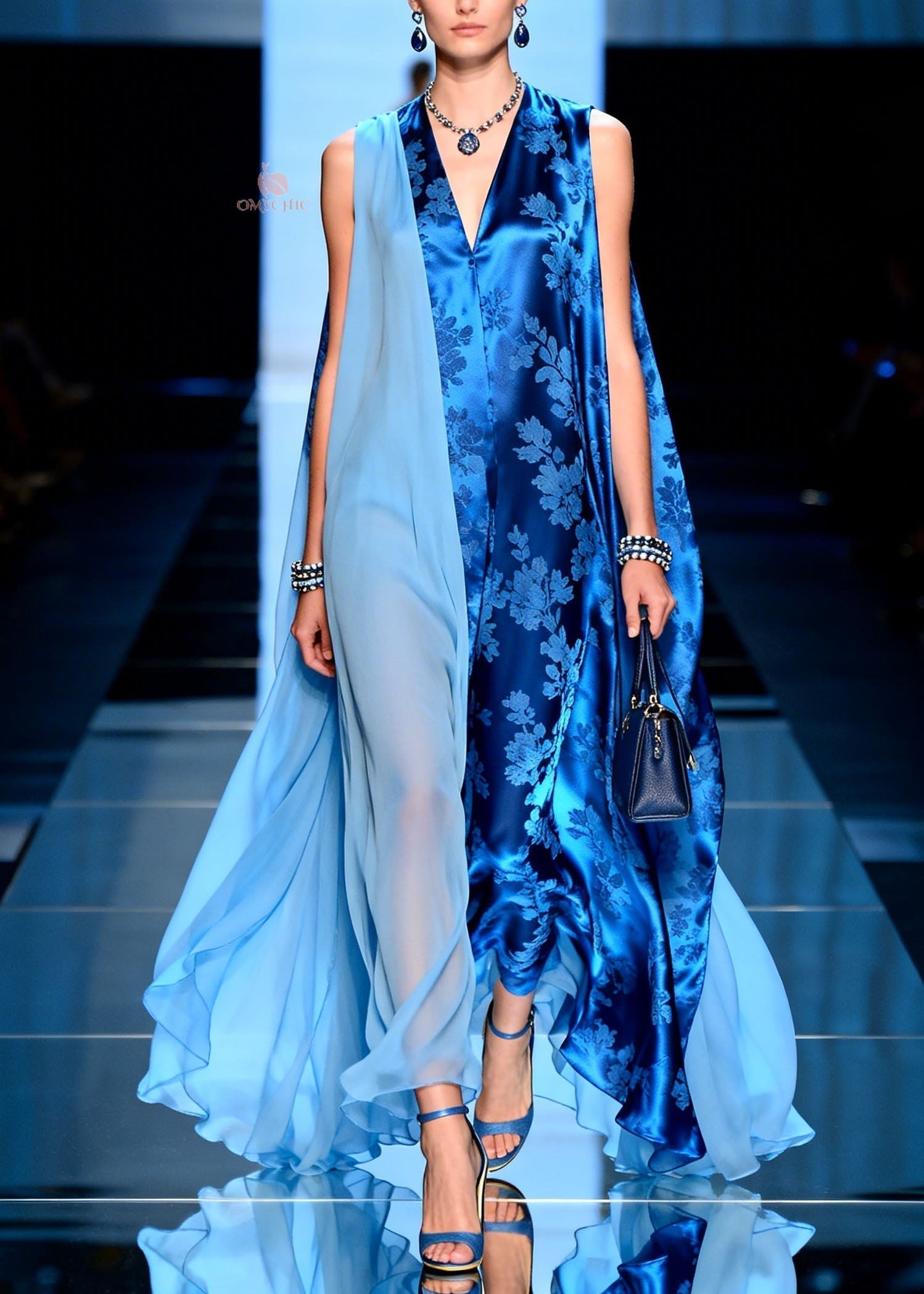 Chiffon Jacquard Floral Panel Deep V-Neck Sheer Cape Drape Asymmetric Maxi Gown