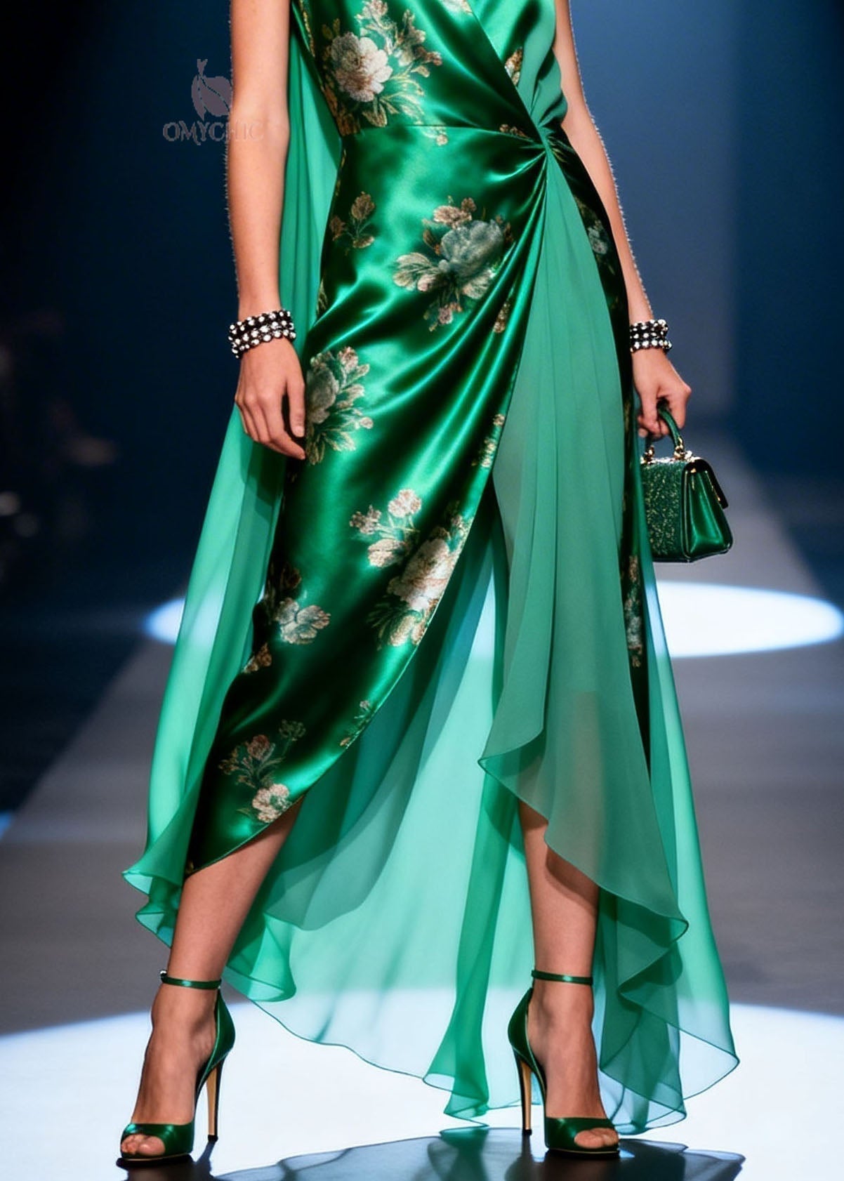 Satin Floral Print Sleeveless V-Neck Wrap Waist Sheer Cape Panel Maxi Gown