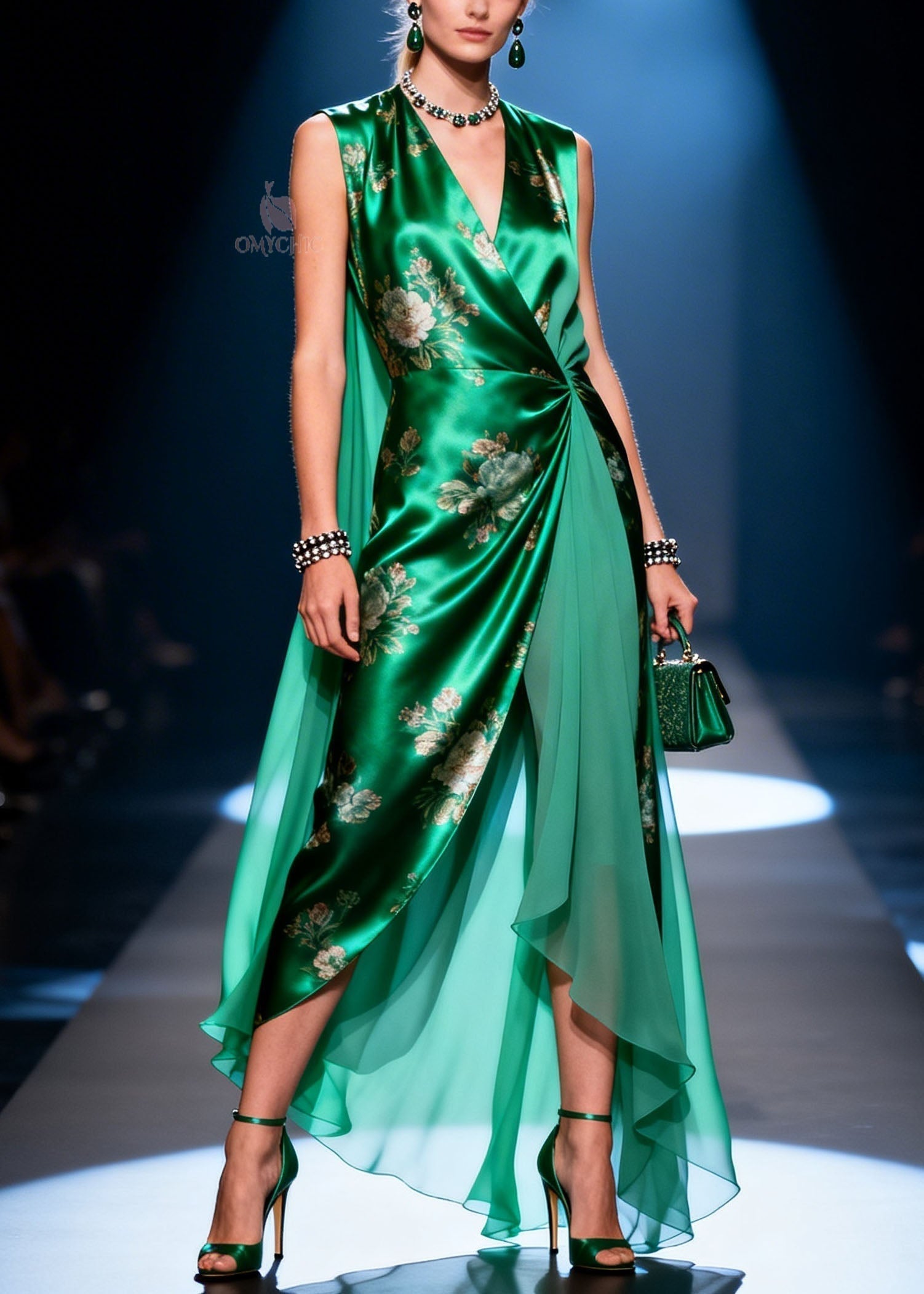 Satin Floral Print Sleeveless V-Neck Wrap Waist Sheer Cape Panel Maxi Gown