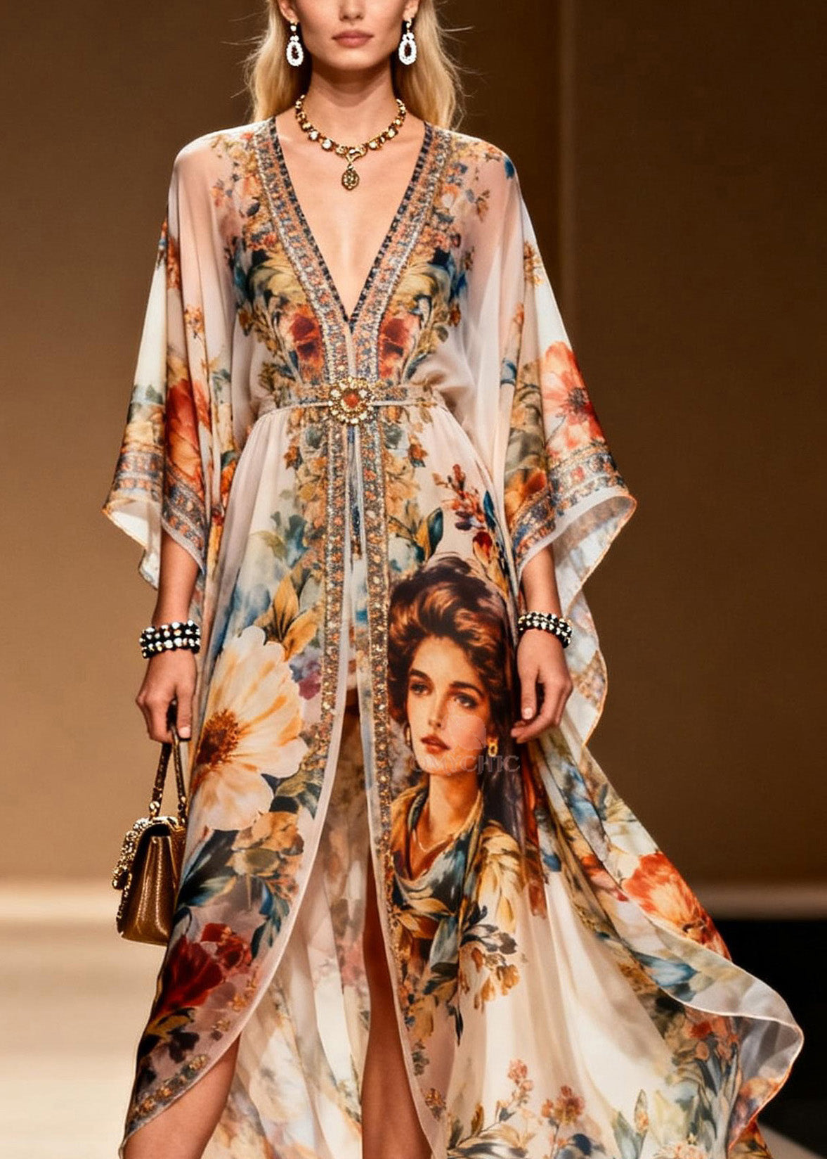 Floral Portrait Print Deep V-Neck Buckle Waist Kimono Sleeve Kaftan Maxi Gown