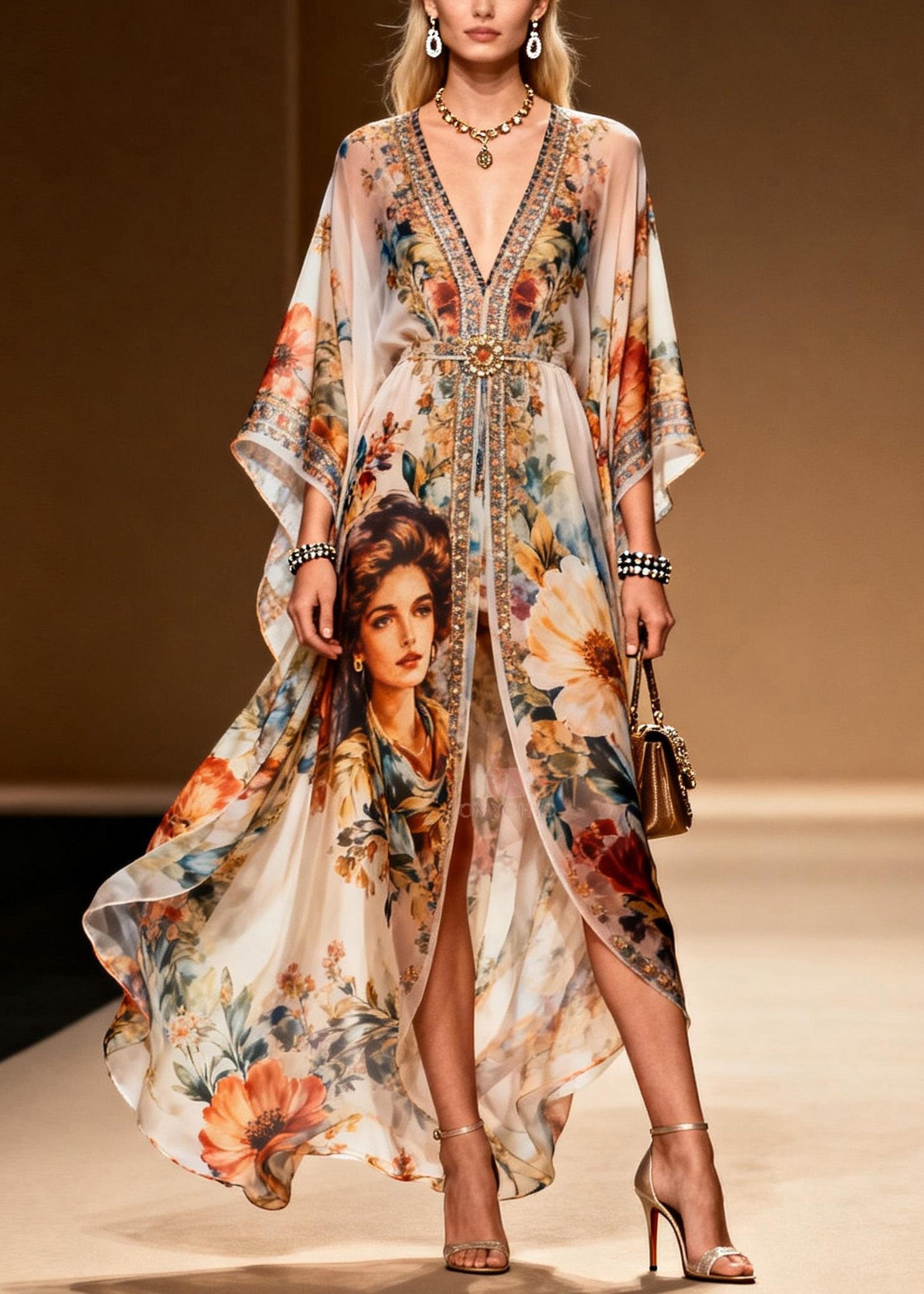 Floral Portrait Print Deep V-Neck Buckle Waist Kimono Sleeve Kaftan Maxi Gown