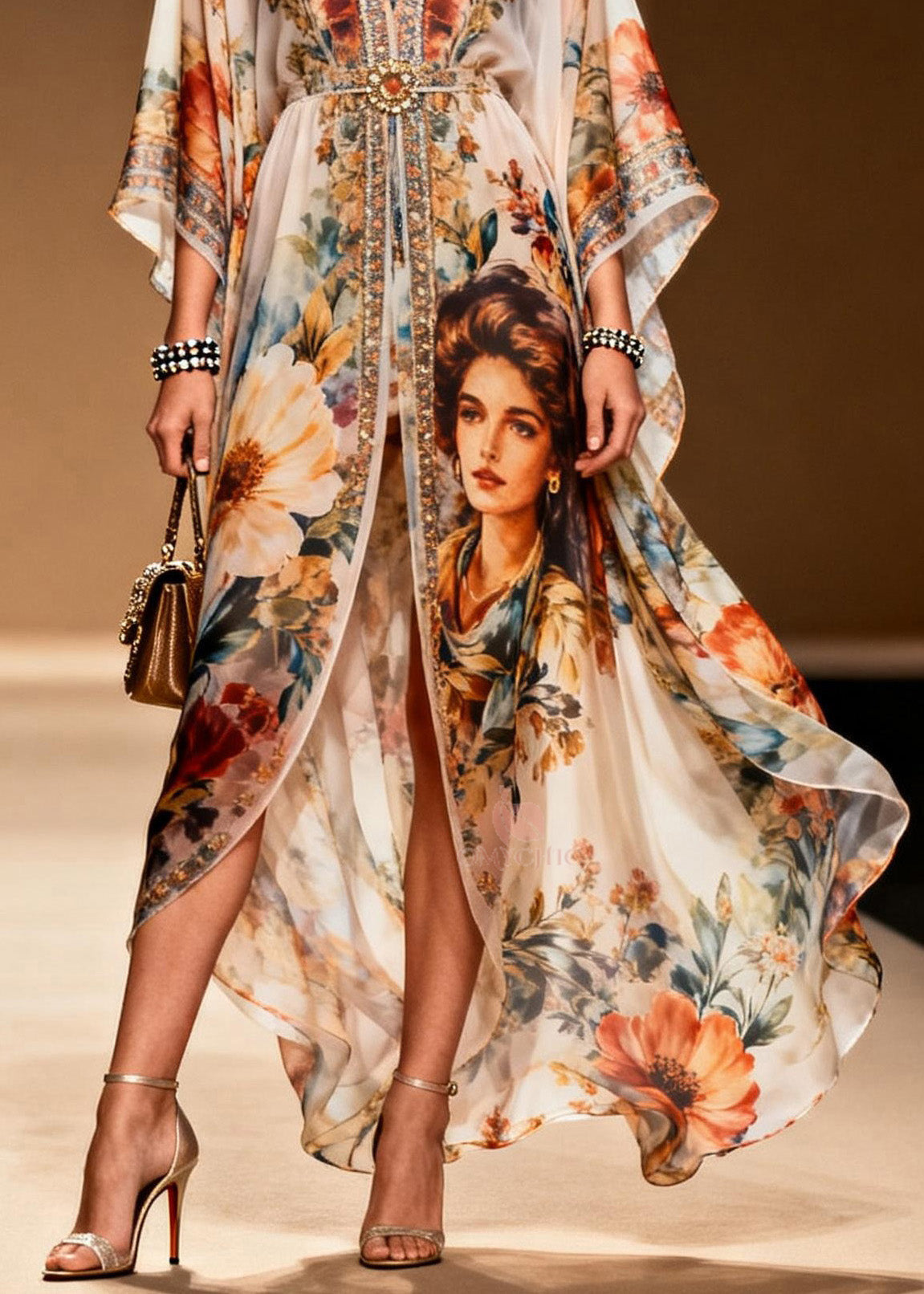 Floral Portrait Print Deep V-Neck Buckle Waist Kimono Sleeve Kaftan Maxi Gown