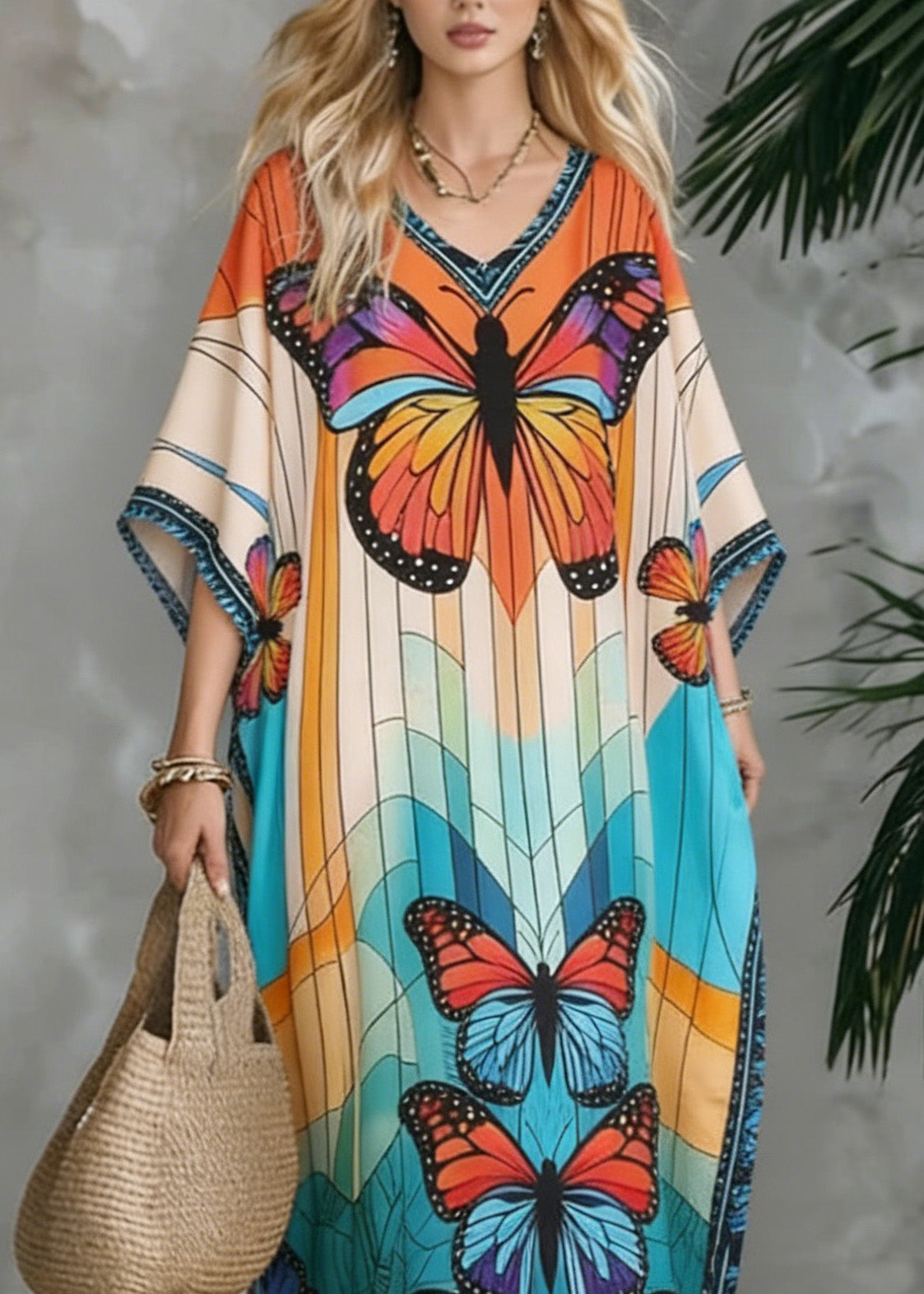 Stylish V Neck Butterfly Print Chiffon Maxi Dresses Summer 2