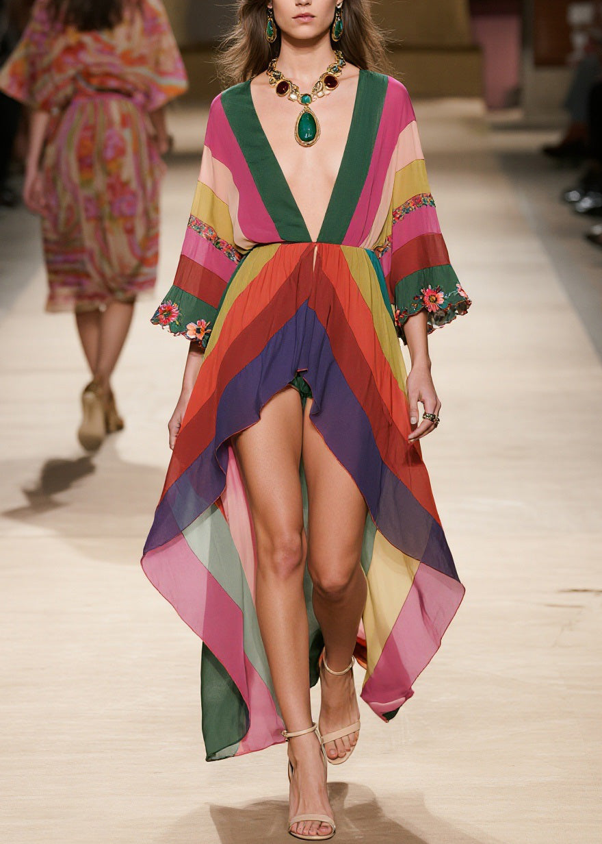 Floral Embroidered Deep V-Neck Bell Sleeve Diagonal Stripe High Low Chiffon Midi Dress