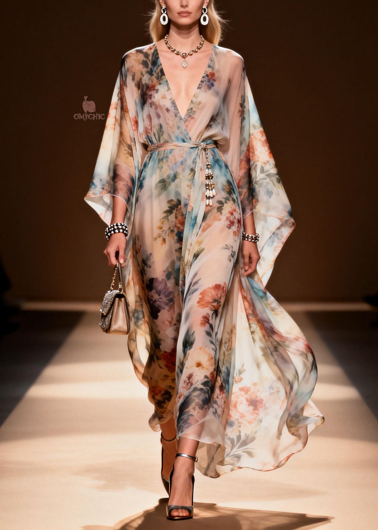 Stylish V Neck Print Loose Chiffon Maxi Dresses Spring