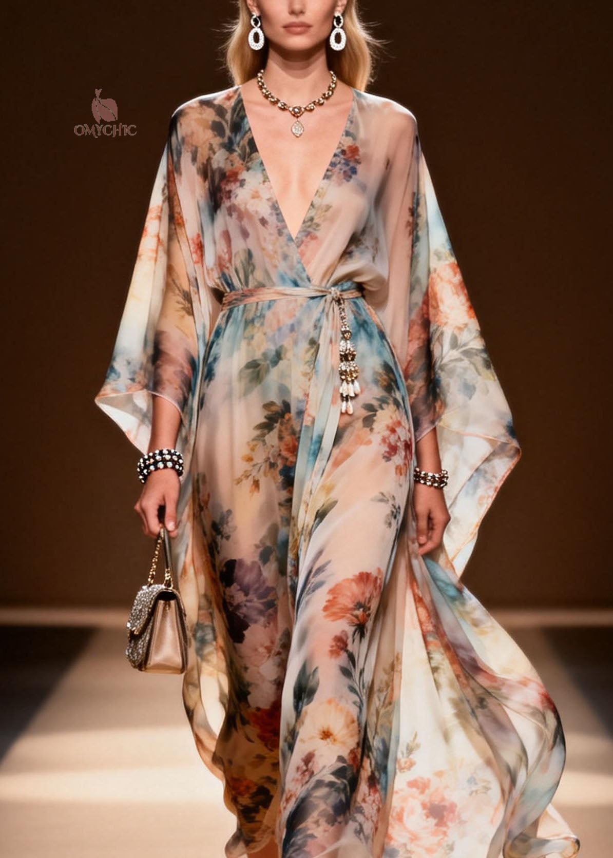 Stylish V Neck Print Loose Chiffon Maxi Dresses Spring - View 2