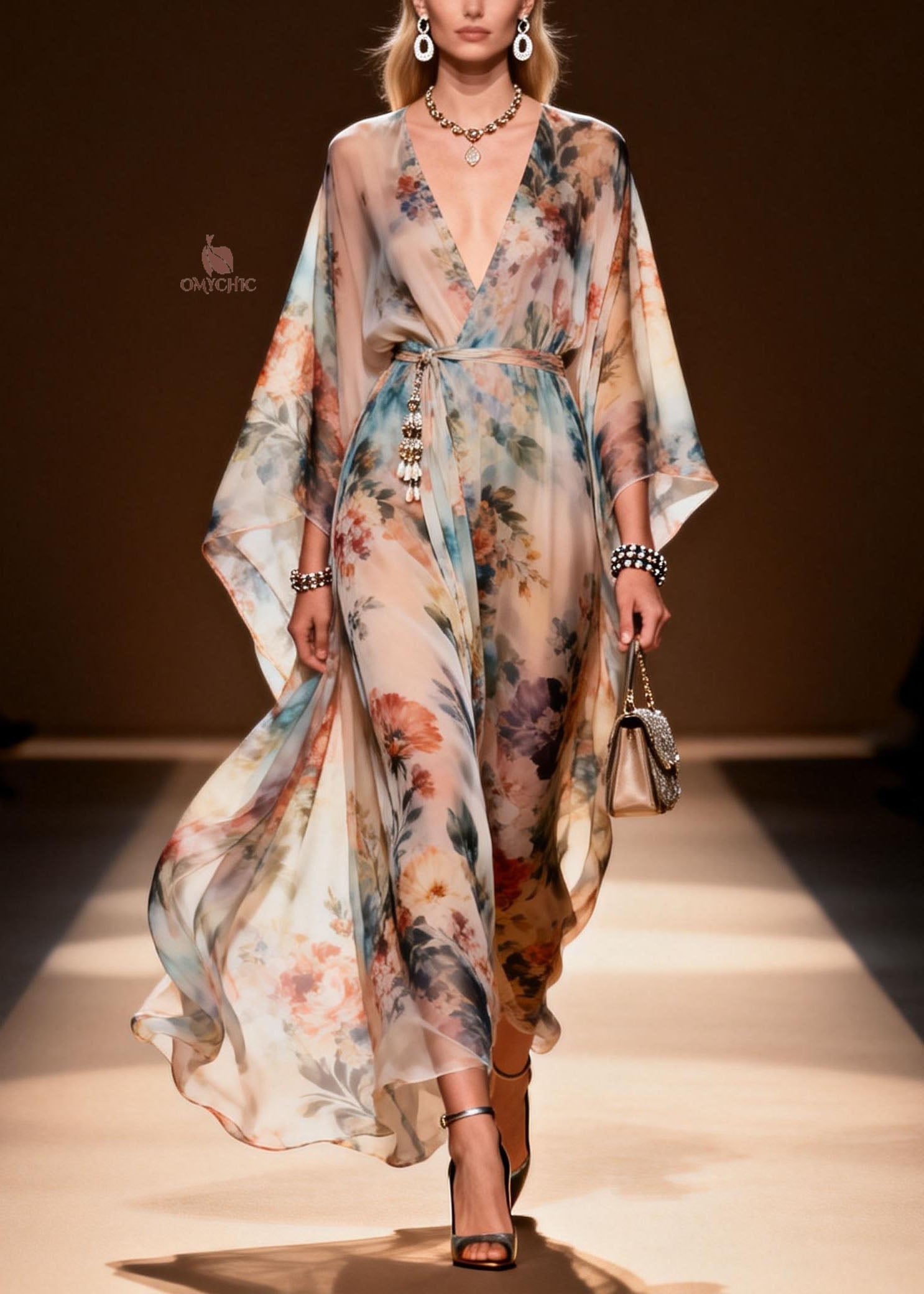 Stylish V Neck Print Loose Chiffon Maxi Dresses Spring - View 3