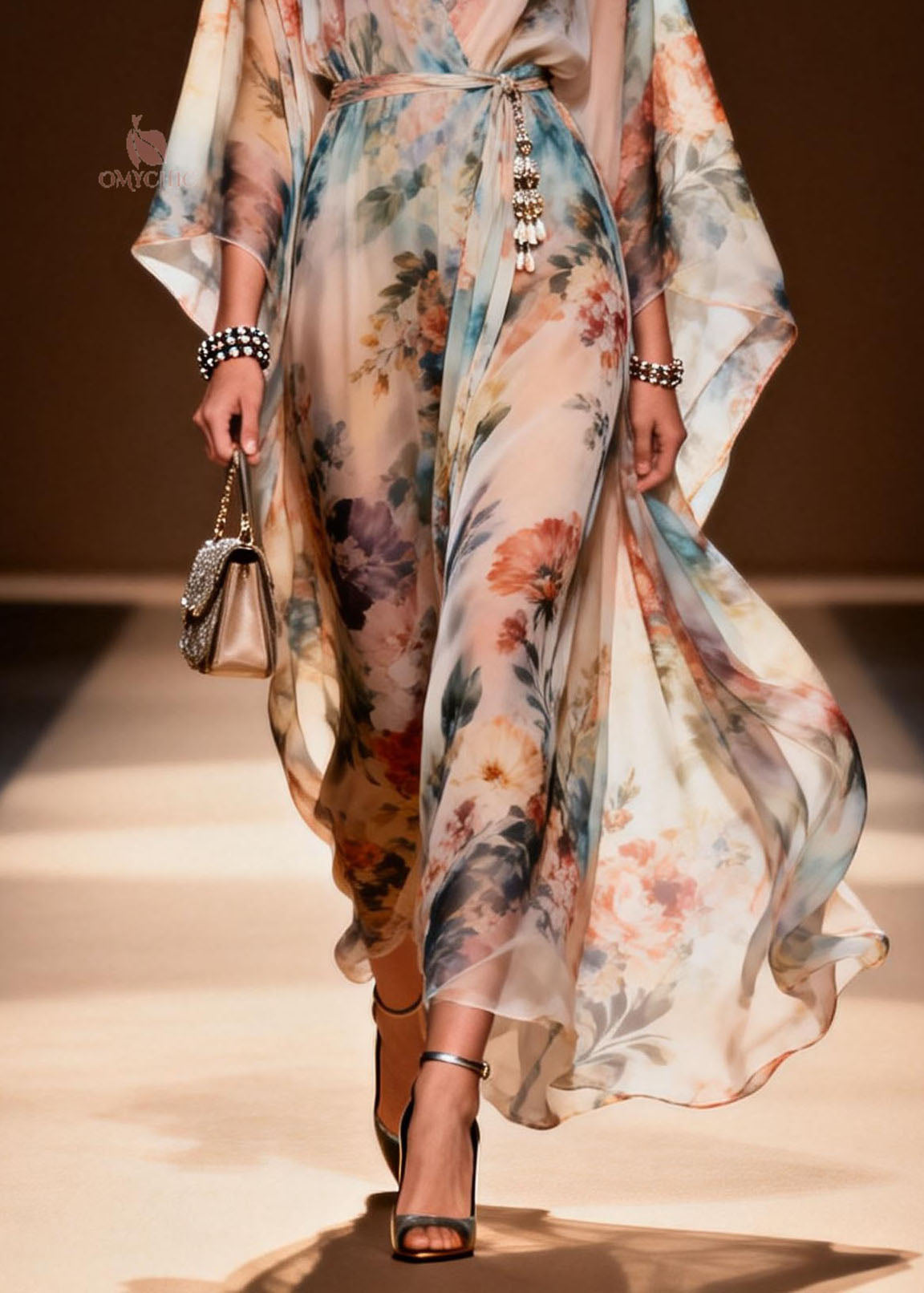 Stylish V Neck Print Loose Chiffon Maxi Dresses Spring - View 4