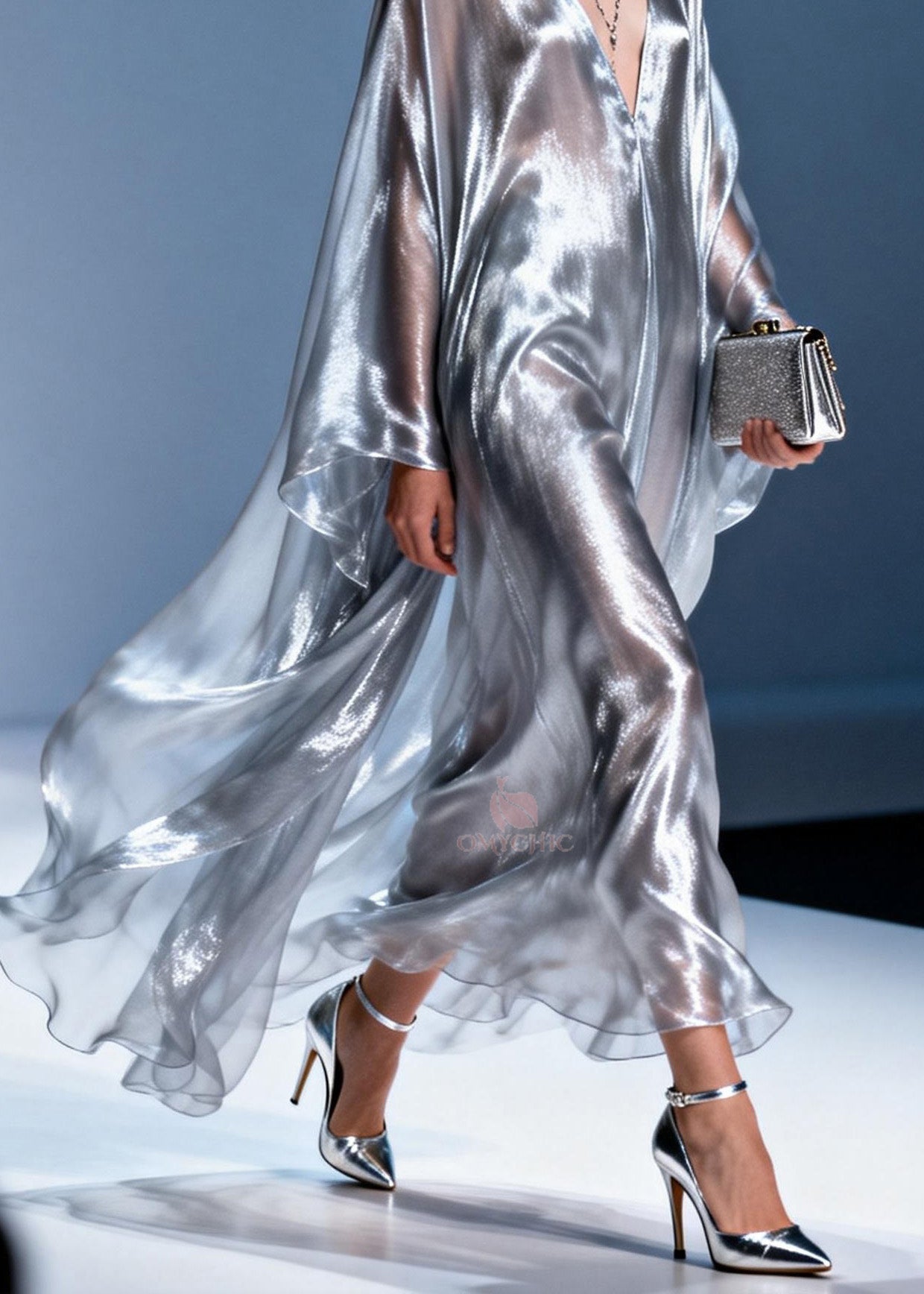 Metallic Chiffon Deep V-Neck Oversized Cape Sleeve Kaftan Maxi Gown