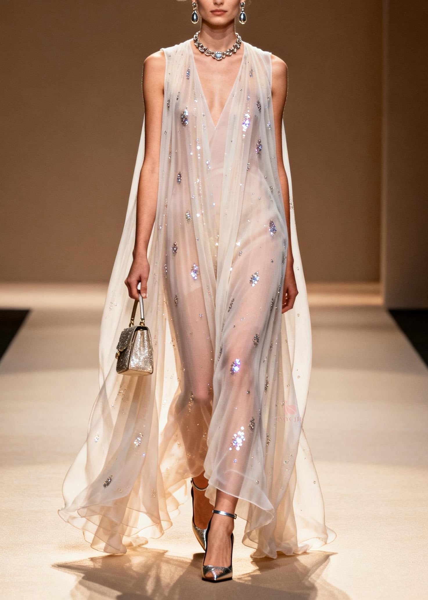 Rhinestone Scatter Deep V-Neck Sleeveless Sheer Cape Overlay Maxi Gown