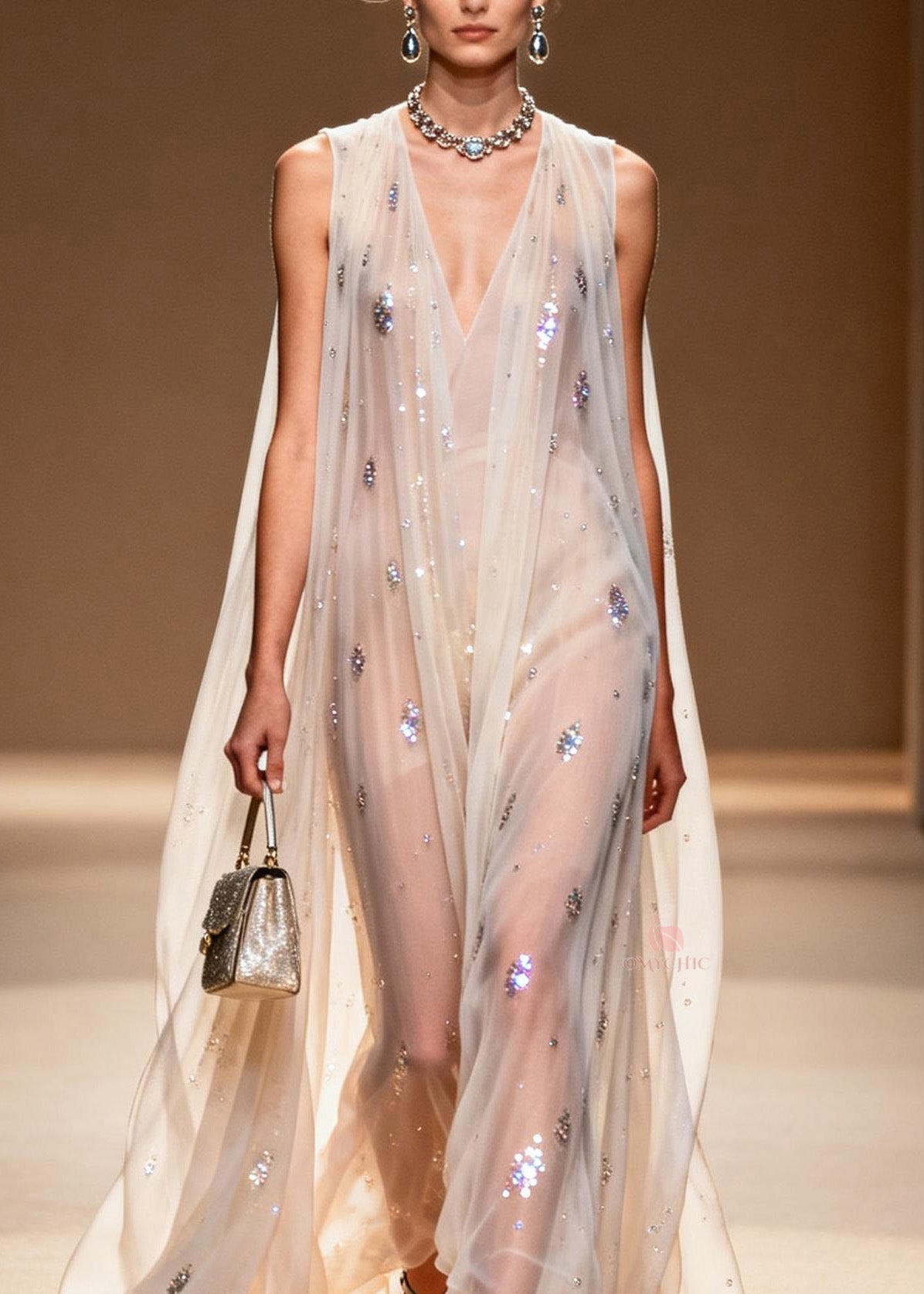 Rhinestone Scatter Deep V-Neck Sleeveless Sheer Cape Overlay Maxi Gown