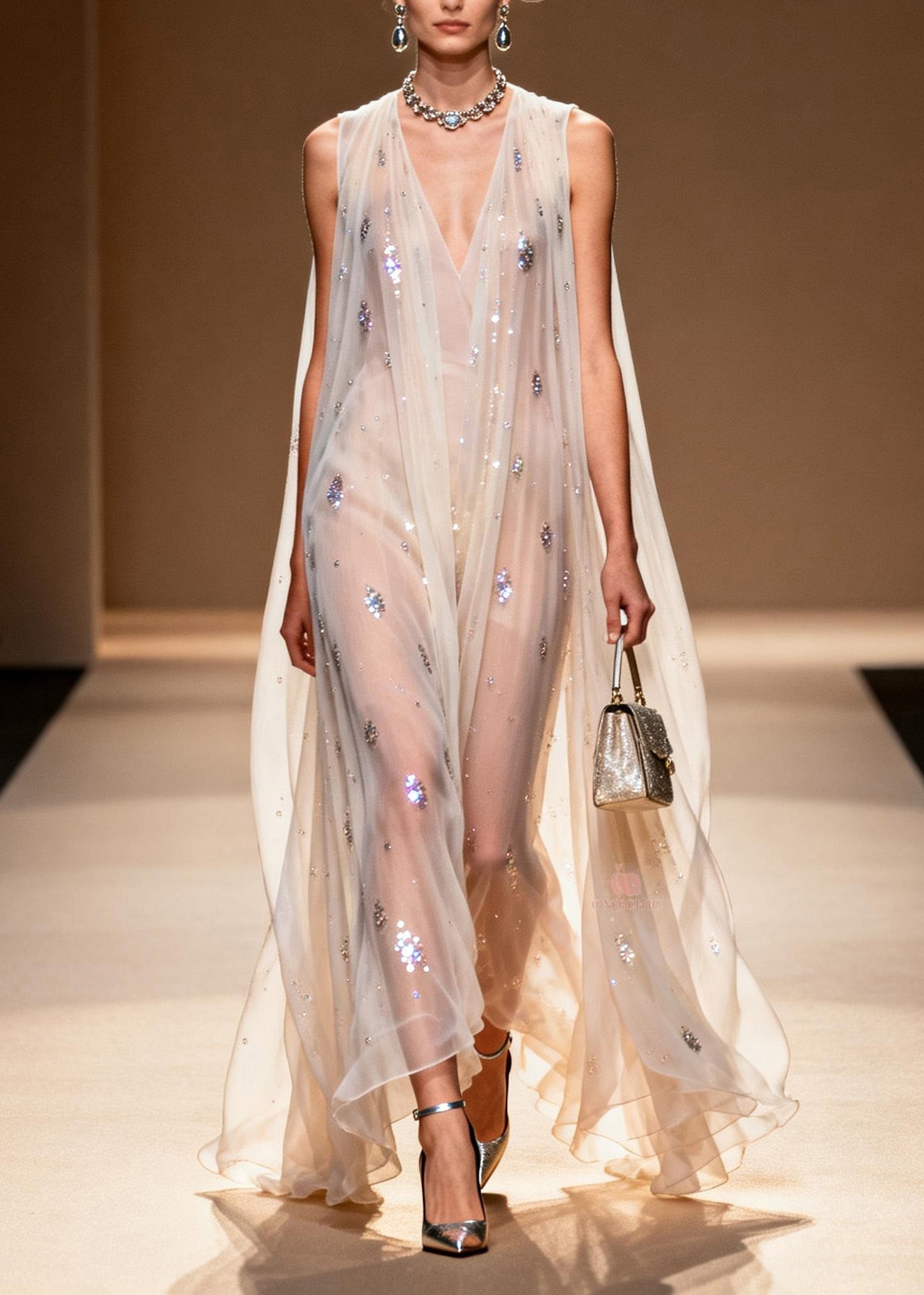 Rhinestone Scatter Deep V-Neck Sleeveless Sheer Cape Overlay Maxi Gown