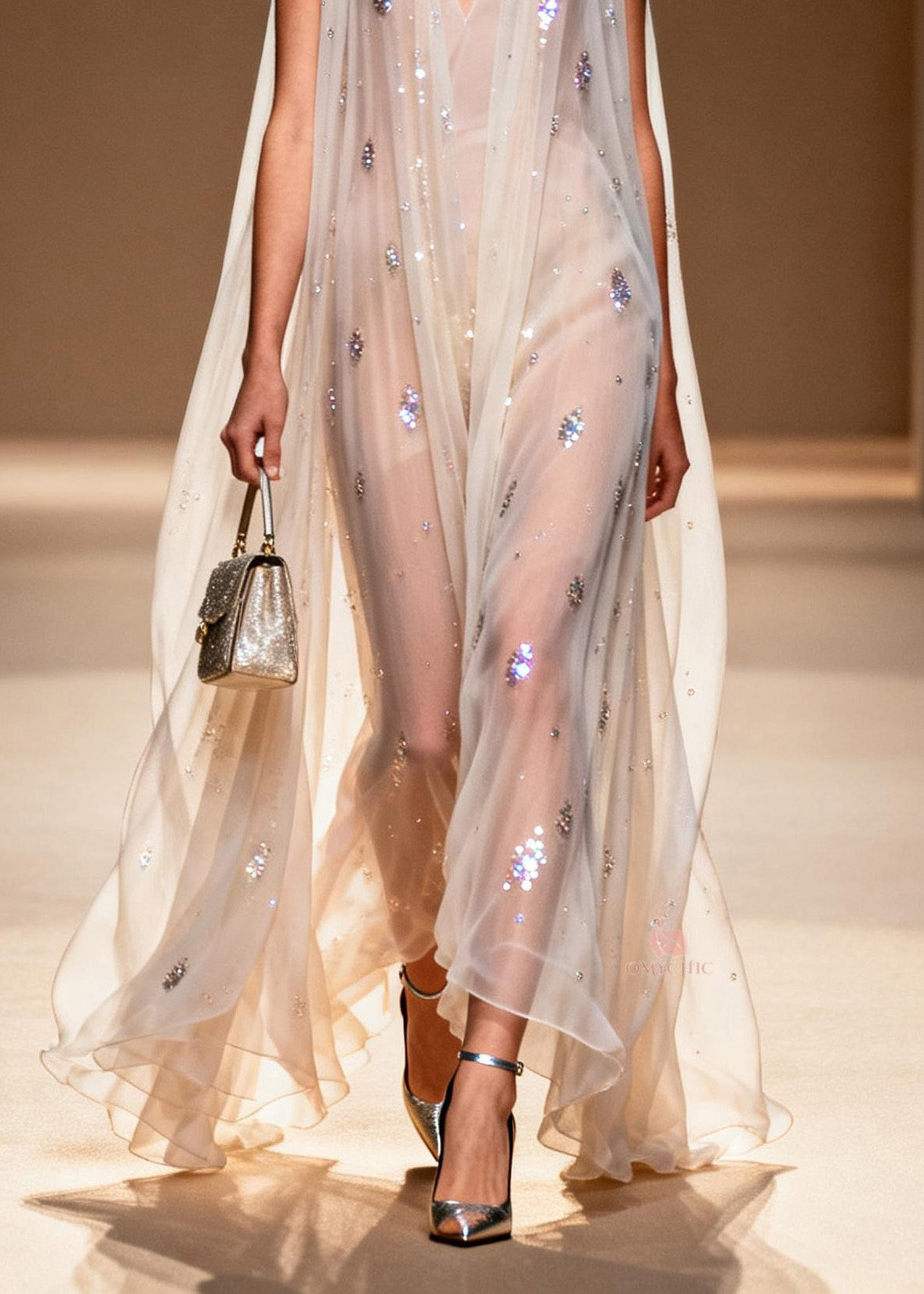 Rhinestone Scatter Deep V-Neck Sleeveless Sheer Cape Overlay Maxi Gown