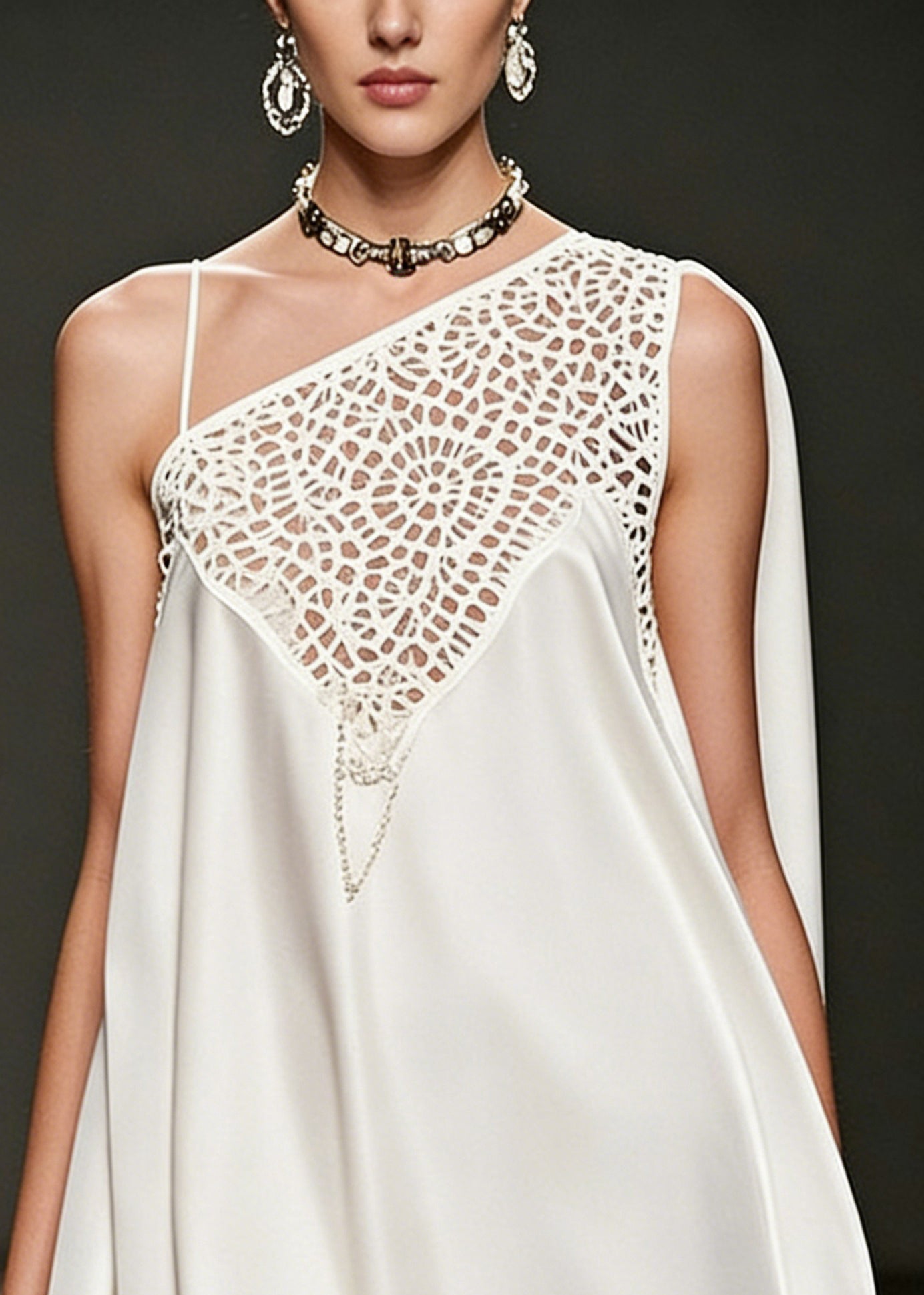 One Shoulder Satin Lace Cut Out Cape Panel Asymmetrical Mini Dress