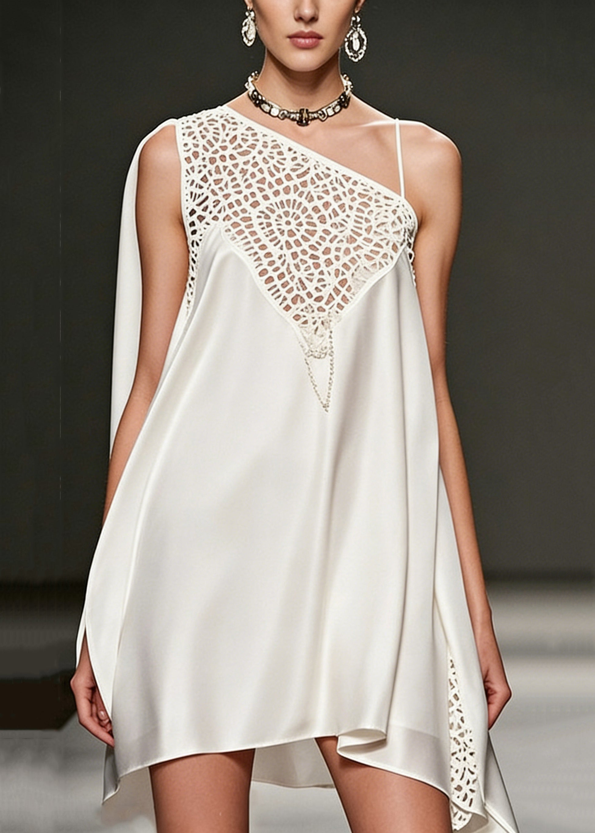 One Shoulder Satin Lace Cut Out Cape Panel Asymmetrical Mini Dress