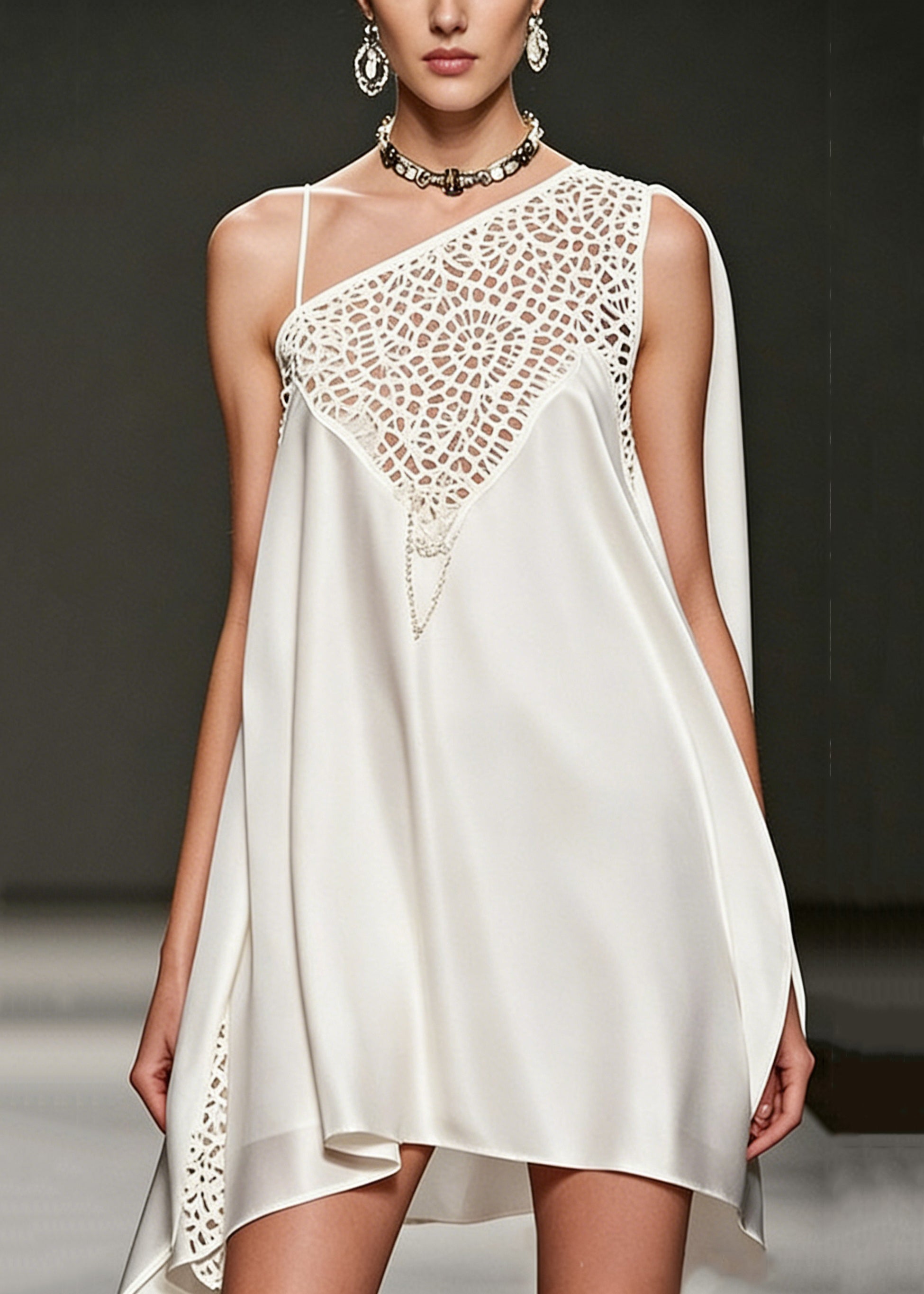 One Shoulder Satin Lace Cut Out Cape Panel Asymmetrical Mini Dress
