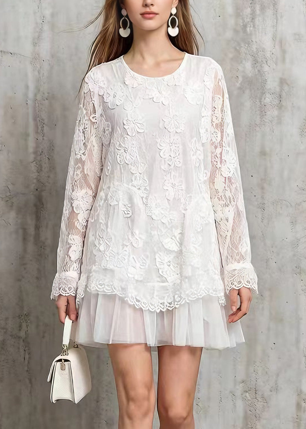 Floral Lace Crew Neck Long Sleeve Tiered Tulle Ruffle Mini Dress