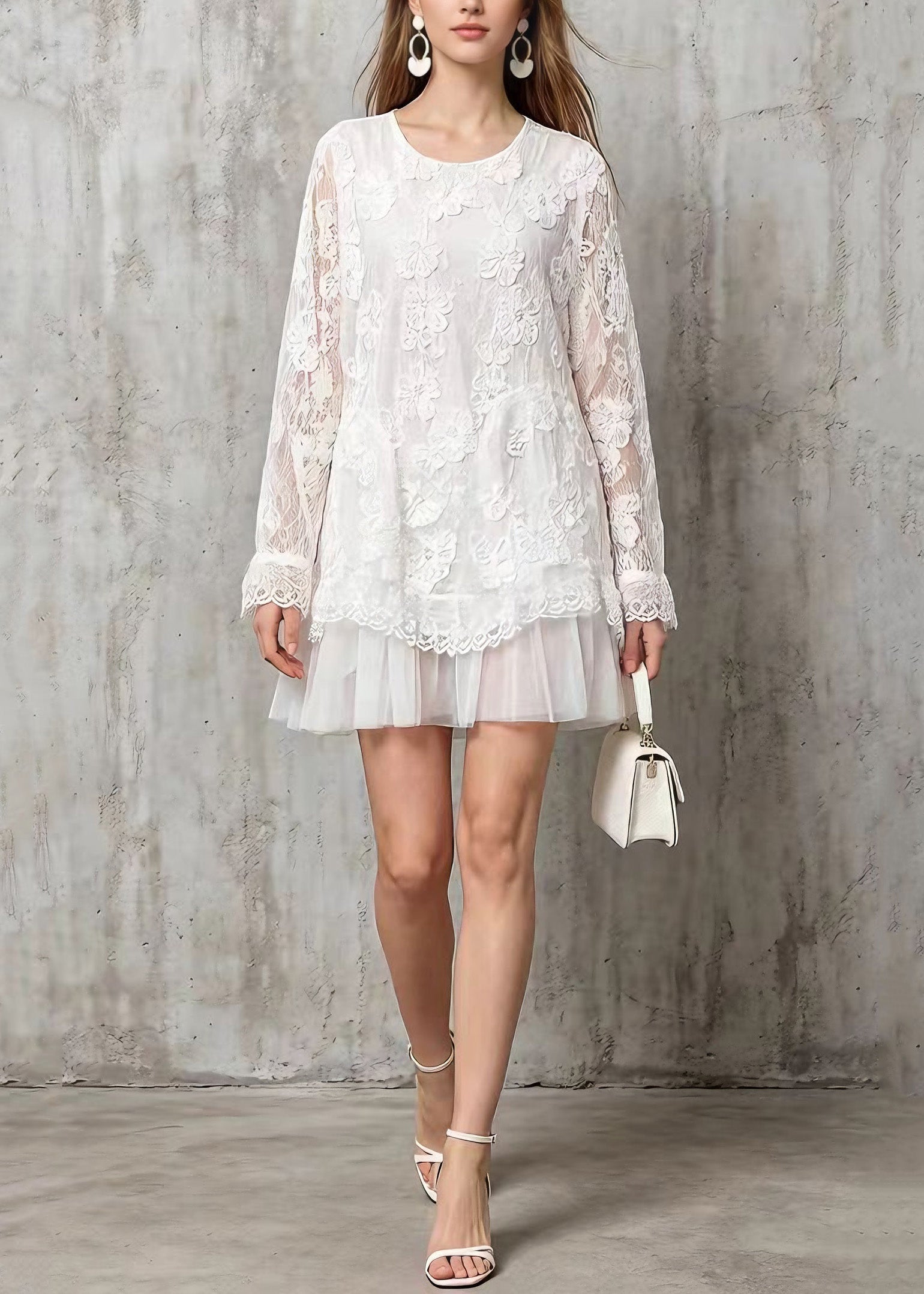 Floral Lace Crew Neck Long Sleeve Tiered Tulle Ruffle Mini Dress