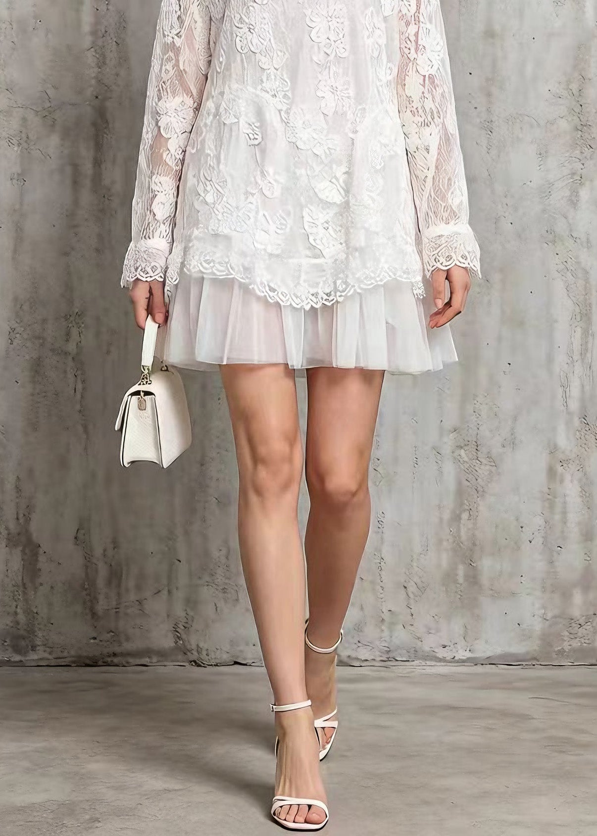 Floral Lace Crew Neck Long Sleeve Tiered Tulle Ruffle Mini Dress
