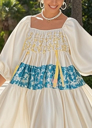 Square Neck Puff Sleeve Floral Patchwork Tiered Midi Dress