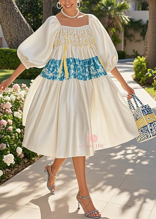 Square Neck Puff Sleeve Floral Patchwork Tiered Midi Dress