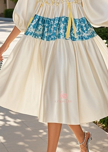Square Neck Puff Sleeve Floral Patchwork Tiered Midi Dress