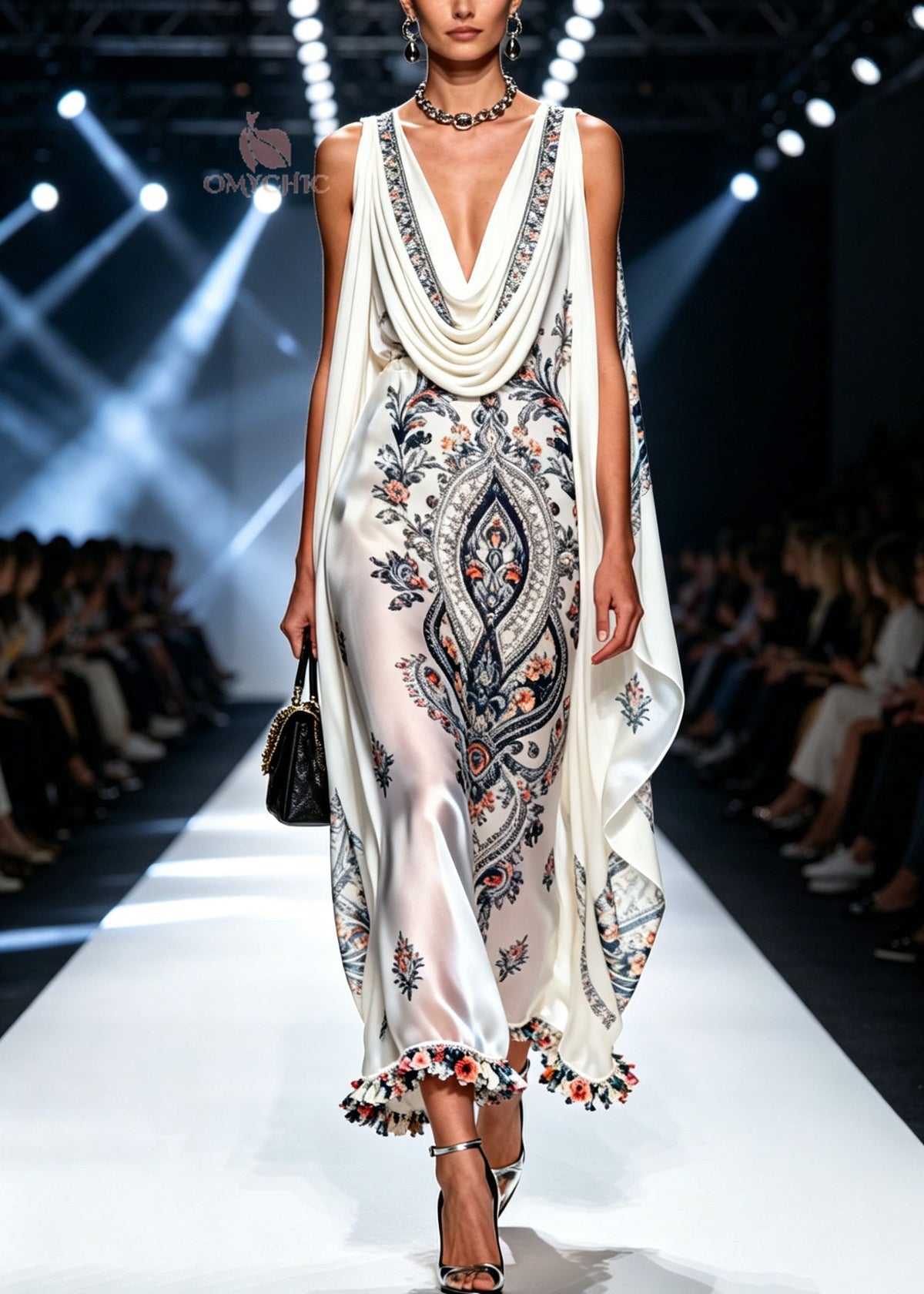 Paisley Floral Print Cowl Neck Shoulder Cape Ruffle Pom Hem Maxi Gown