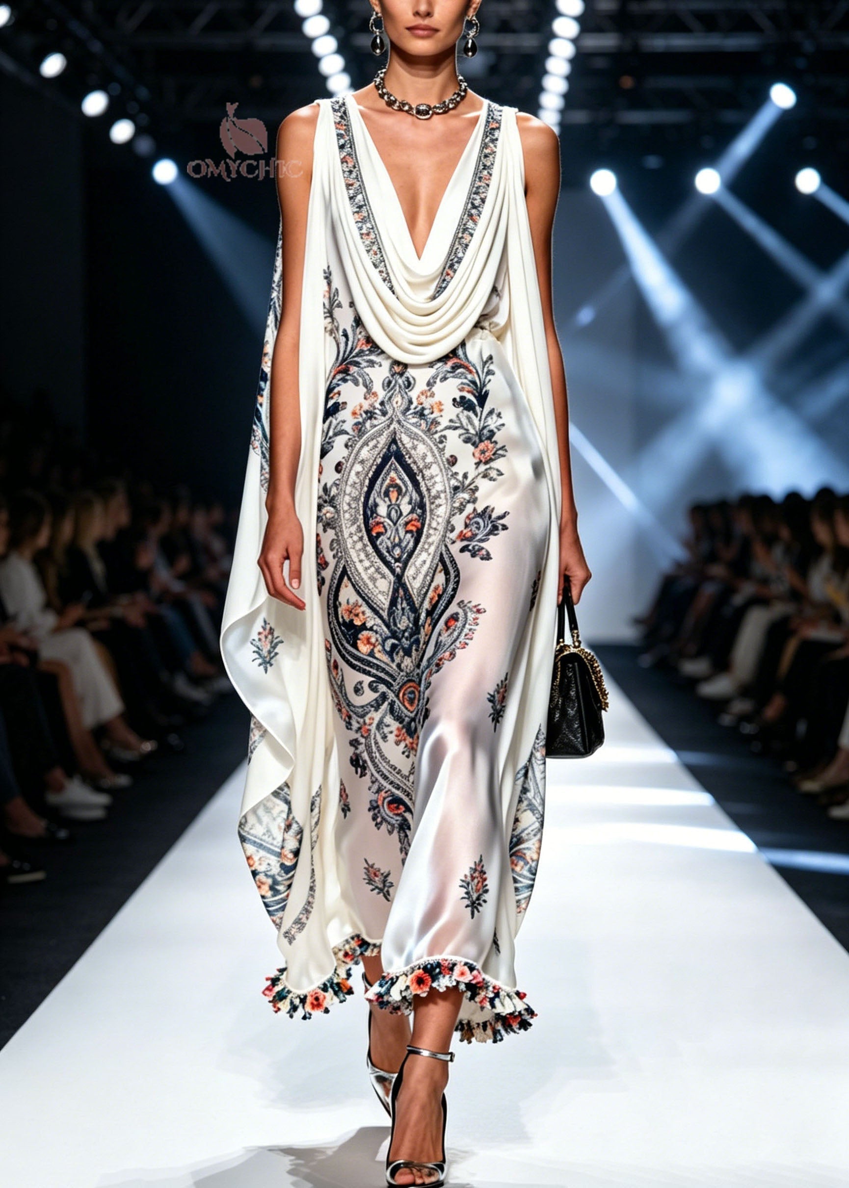 Paisley Floral Print Cowl Neck Shoulder Cape Ruffle Pom Hem Maxi Gown
