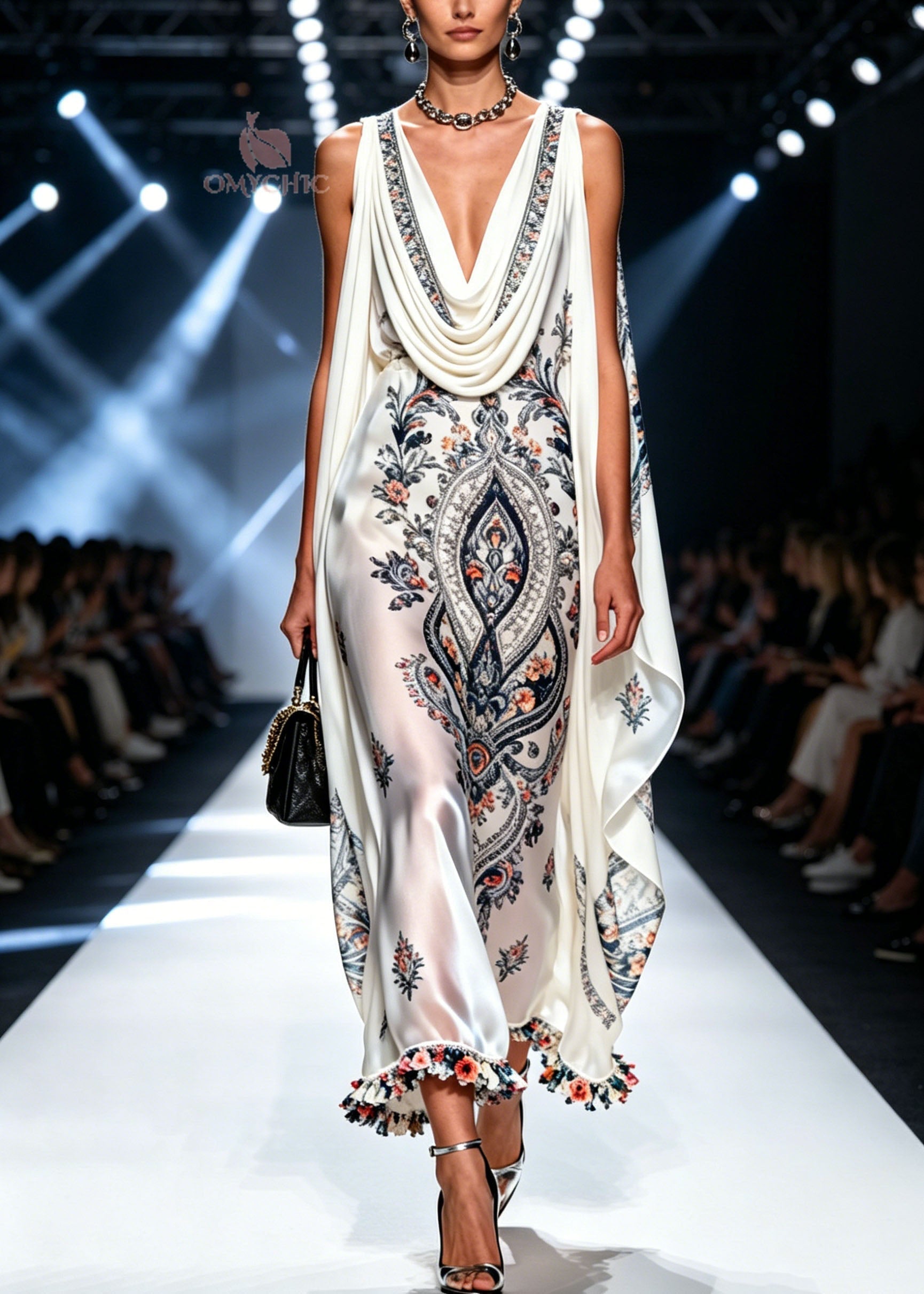 Paisley Floral Print Cowl Neck Shoulder Cape Ruffle Pom Hem Maxi Gown