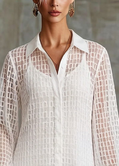 Stylish White Ruffled Hollow Out Tulle Shirt Dress Spring 2