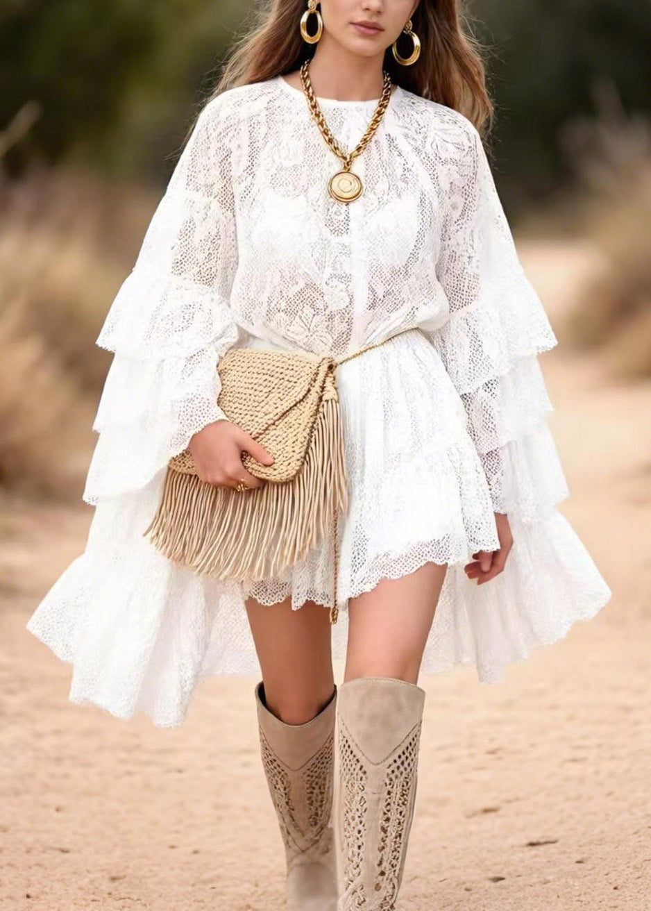 Stylish White Ruffled Patchwork Lace Mid Dress Butterfly Sleeve 3