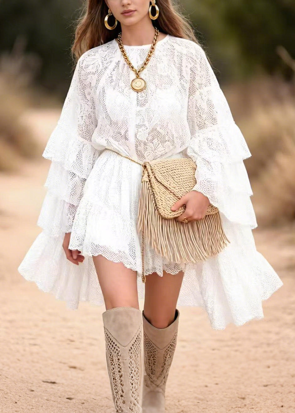 Lace Tiered Ruffle Sleeve Layered High Low Mini Dress 5