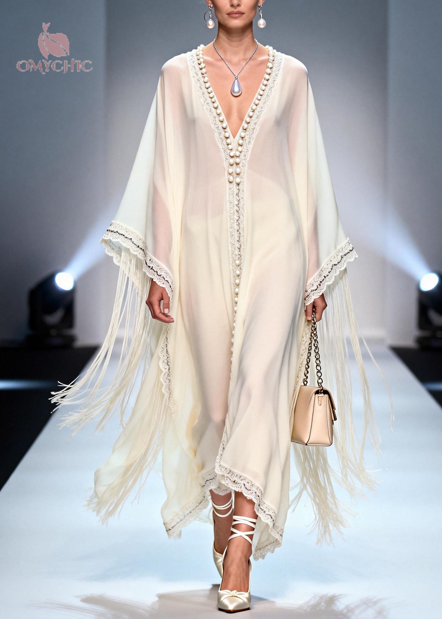 Deep V-Neck Batwing Sleeve Pearl Trim Tassel Chiffon Kaftan Dress