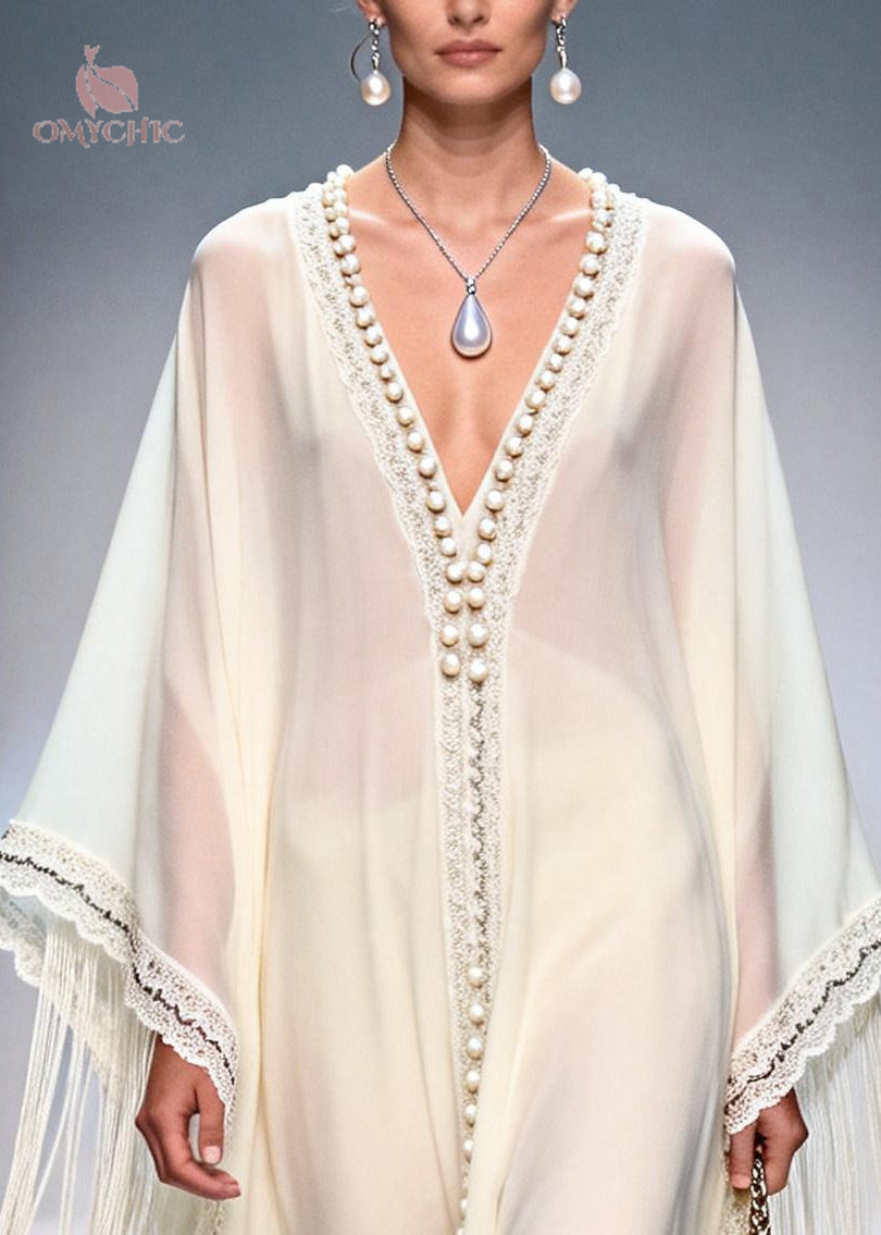 Deep V-Neck Batwing Sleeve Pearl Trim Tassel Chiffon Kaftan Dress